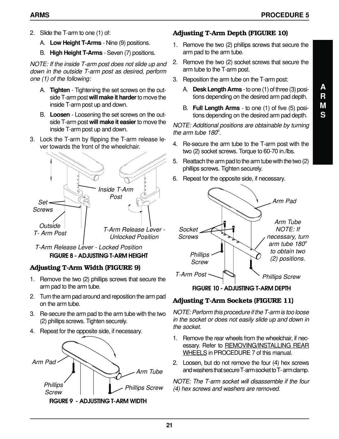 Invacare Top End Terminator Jr Adjusting T-Arm Depth Figure, Adjusting T-Arm Width Figure, Adjusting T-Arm Sockets Figure 