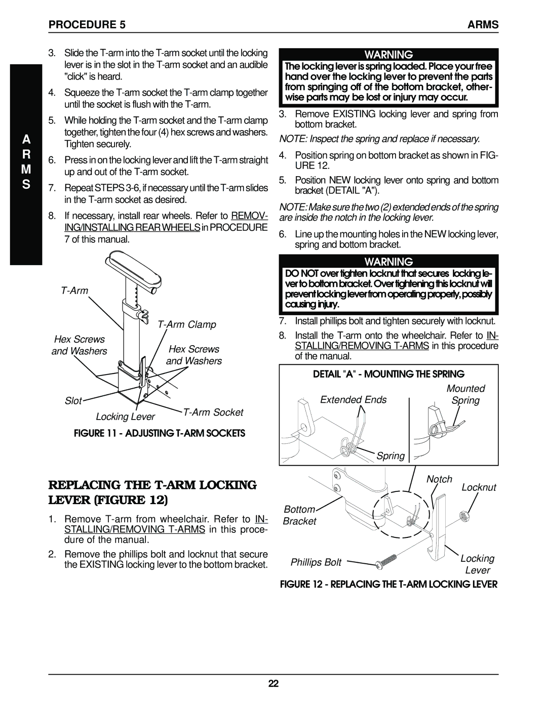 Invacare Top End Terminator Jr manual Replacing the T-ARM Locking Lever Figure, Adjusting T-ARM Sockets 