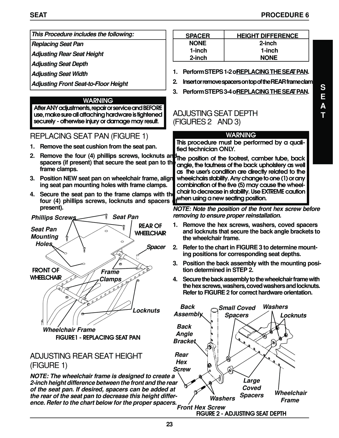 Invacare Top End Terminator Jr manual Replacing Seat PAN Figure, Adjusting Rear Seat Height Figure 