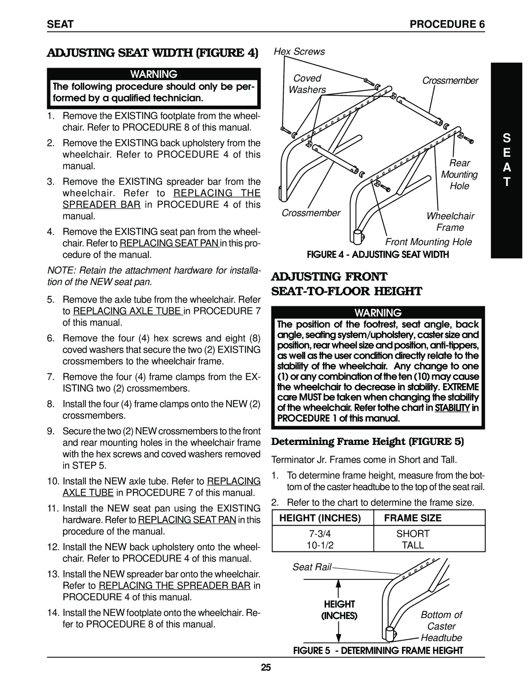 Invacare Top End Terminator Jr manual Adjusting Seat Width Figure, Adjusting Front SEAT-TO-FLOOR Height 