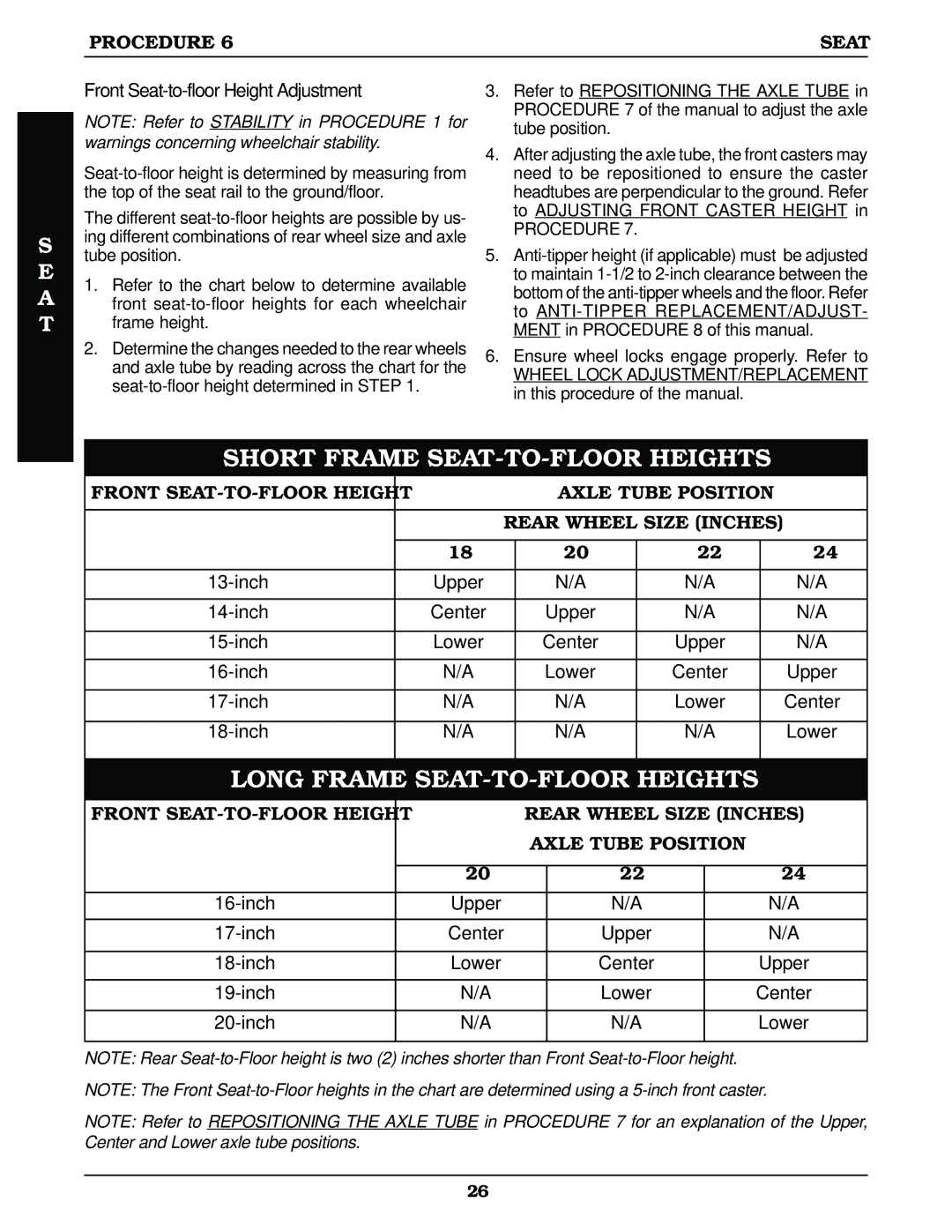 Invacare Top End Terminator Jr manual Front Seat-to-floor Height Adjustment, Ensure wheel locks engage properly. Refer to 