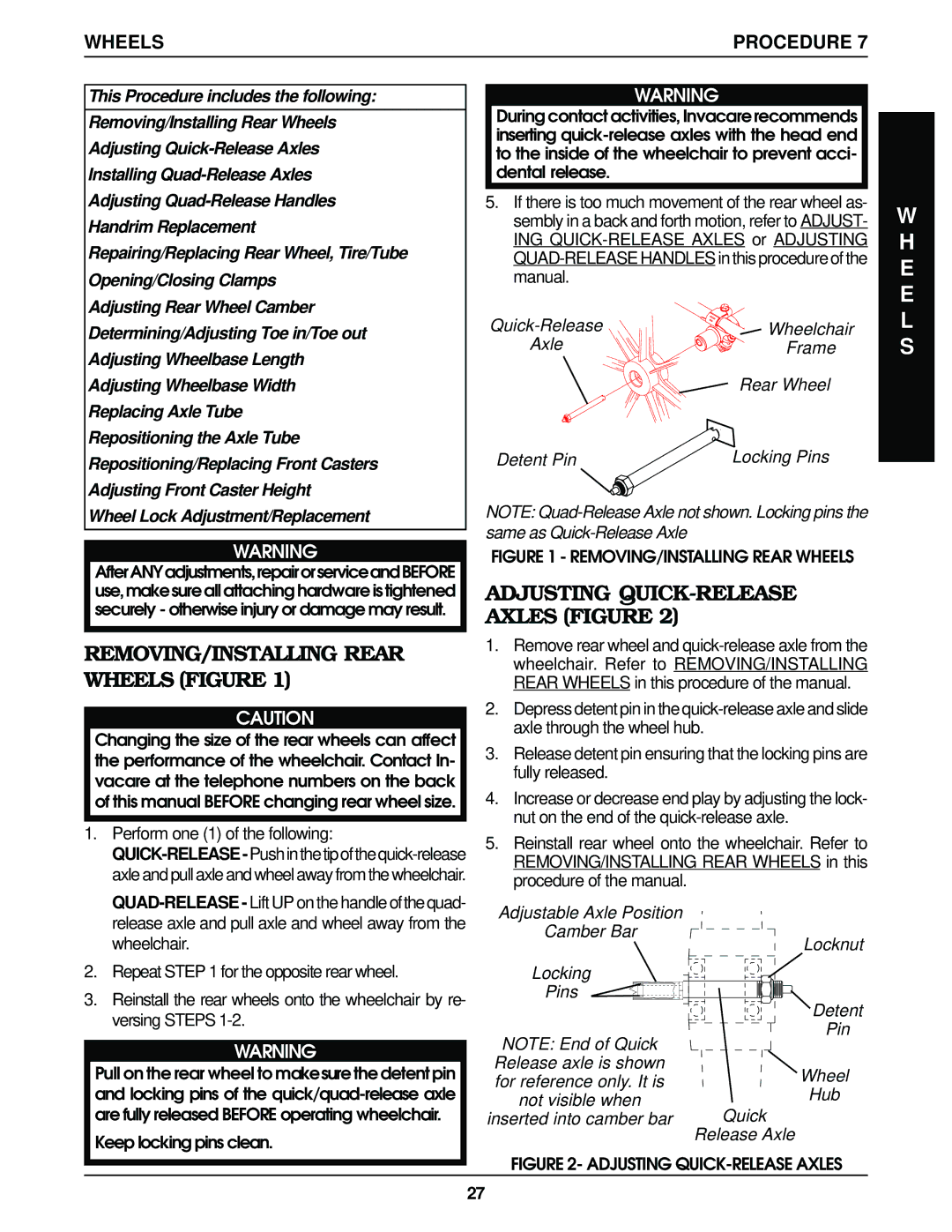 Invacare Top End Terminator Jr manual REMOVING/INSTALLING Rear Wheels Figure, Adjusting QUICK-RELEASE Axles Figure 