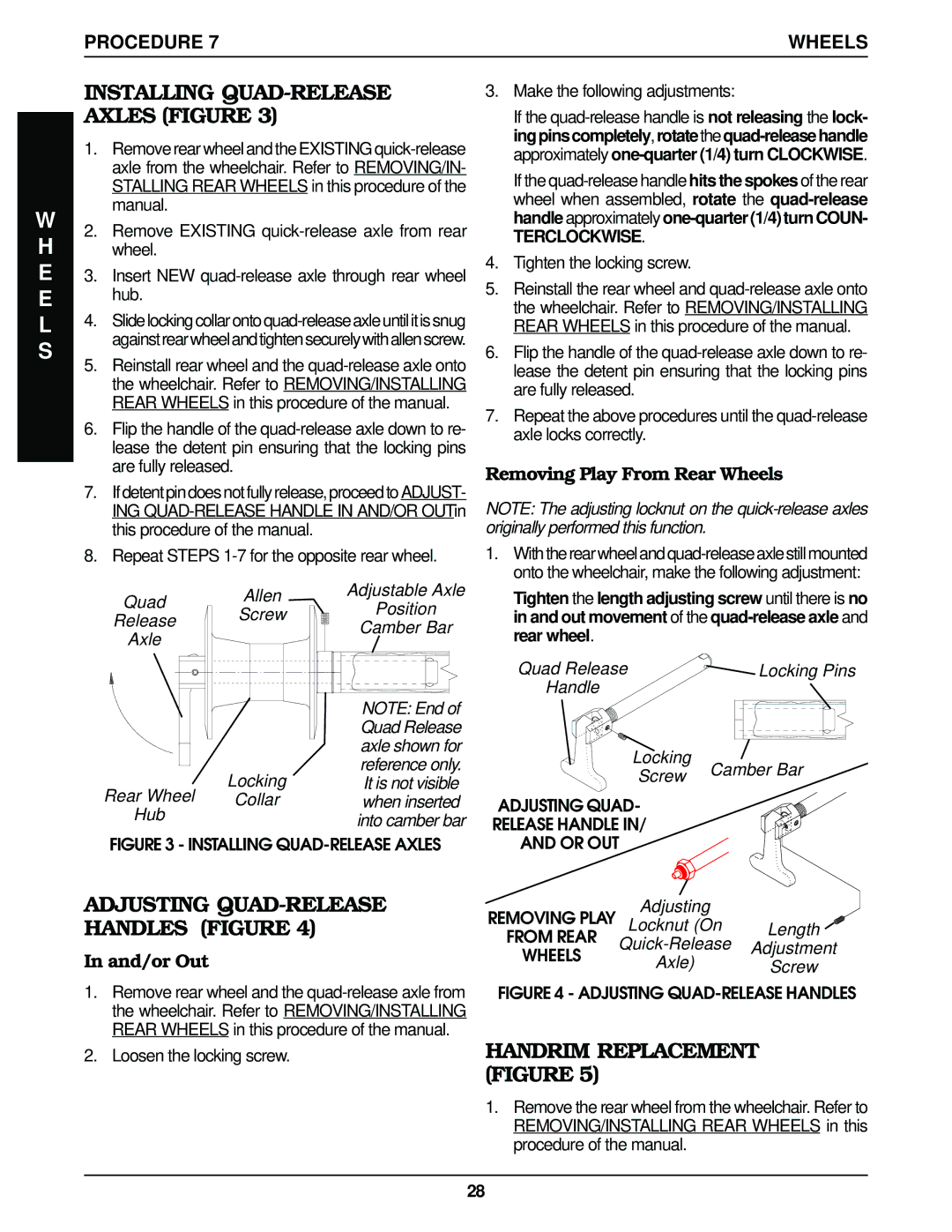 Invacare Top End Terminator Jr Adjusting QUAD-RELEASE Handles Figure, Installing QUAD-RELEASE Axles Figure, And/or Out 