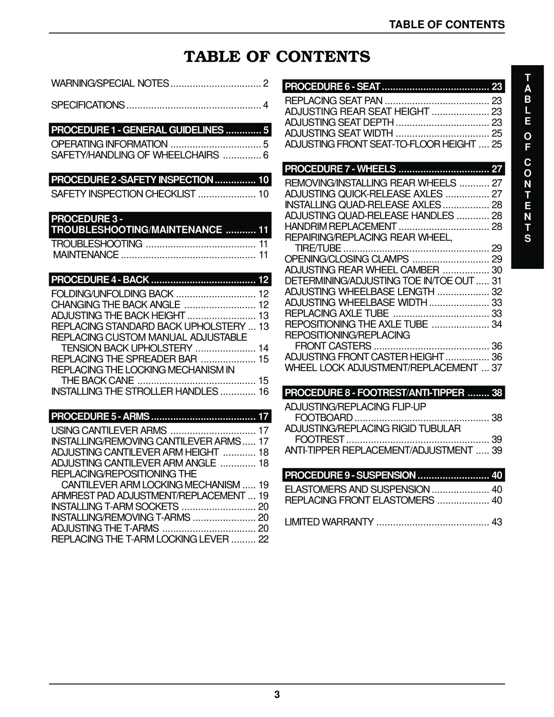 Invacare Top End Terminator Jr manual Table of Contents 