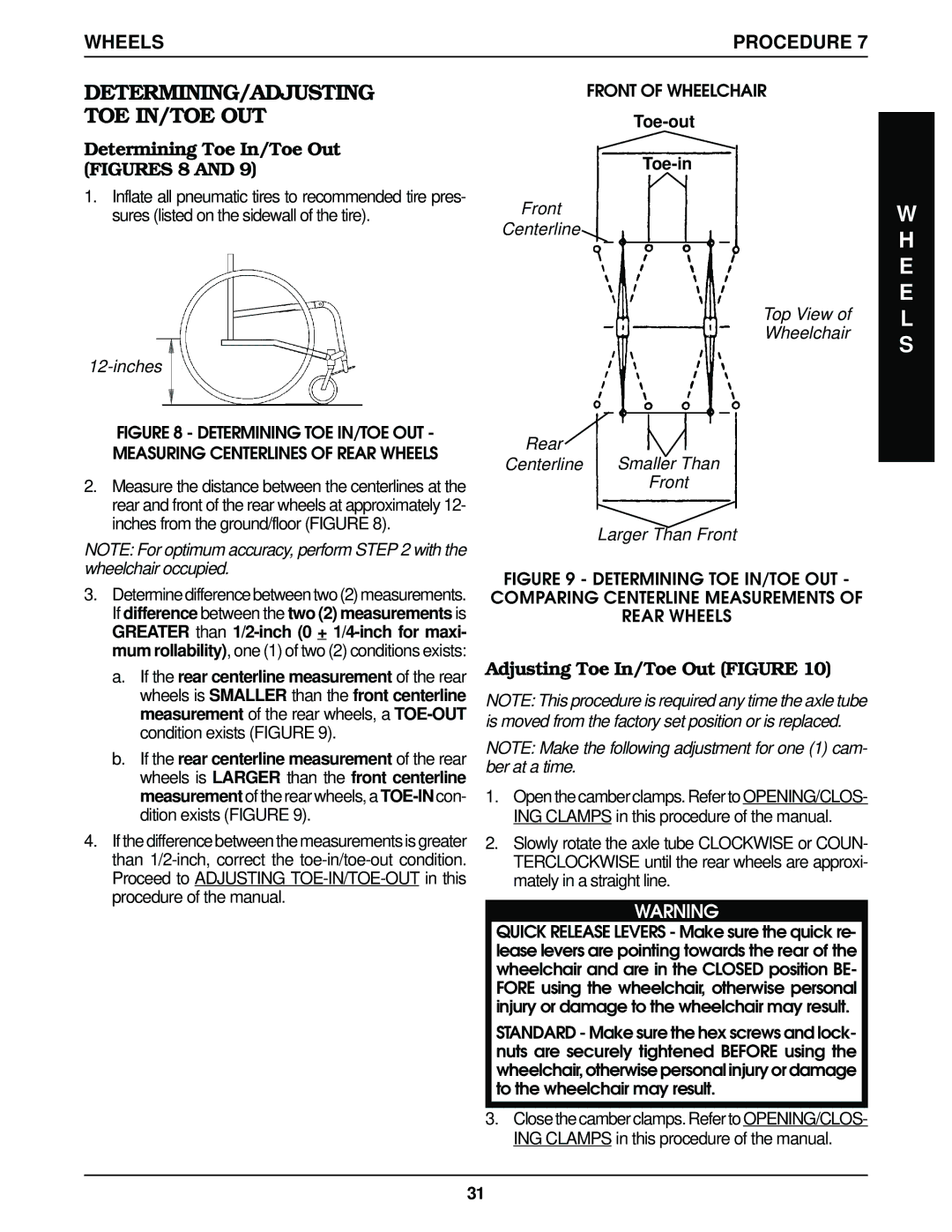 Invacare Top End Terminator Jr manual Determining/Adjusting Toe In/Toe Out, Determining Toe In/Toe Out Figures 8 