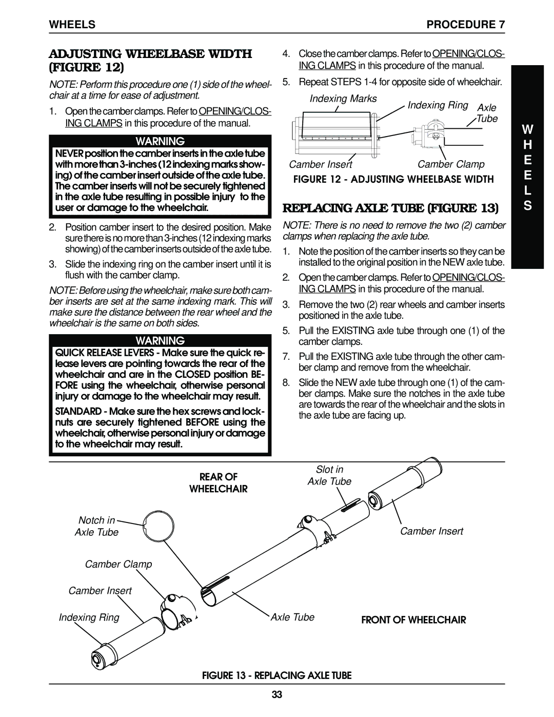 Invacare Top End Terminator Jr manual Adjusting Wheelbase Width Figure, Replacing Axle Tube Figure 