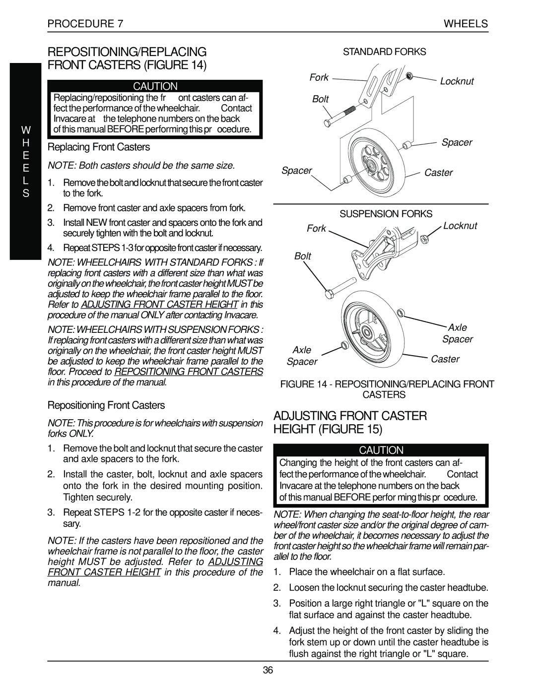 Invacare Top End Terminator Jr manual REPOSITIONING/REPLACING Front Casters Figure, Adjusting Front Caster Height Figure 