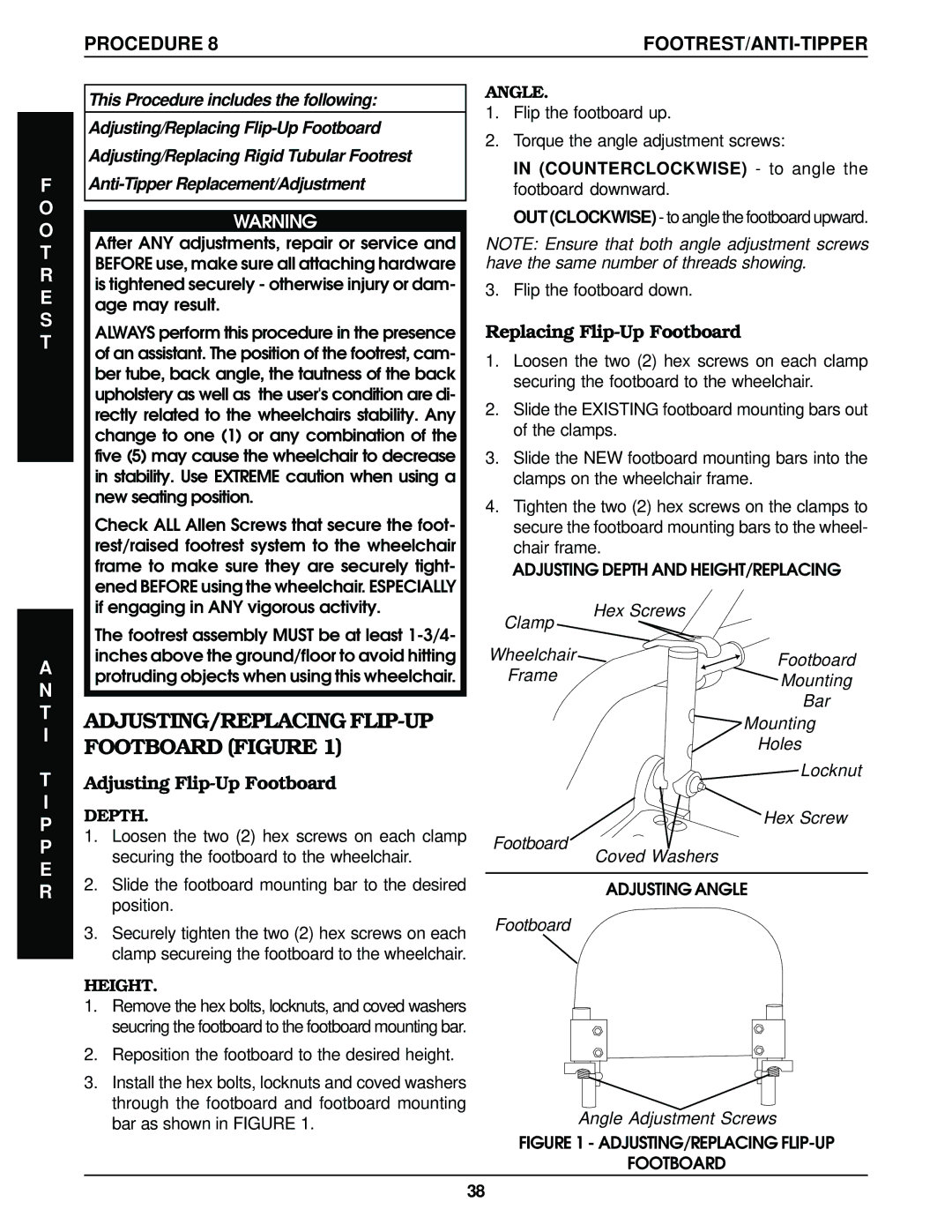 Invacare Top End Terminator Jr manual ADJUSTING/REPLACING FLIP-UP Footboard Figure, Adjusting Flip-Up Footboard 