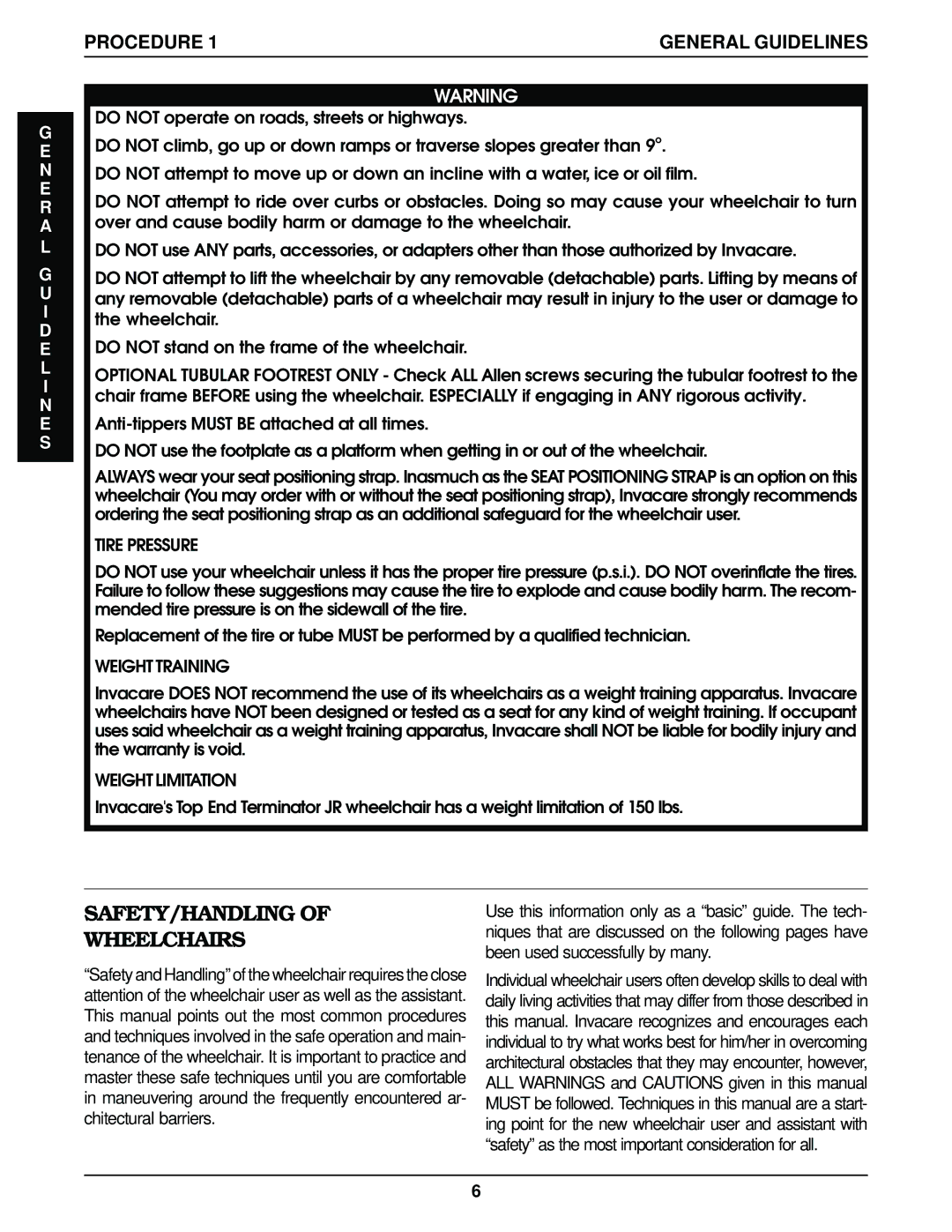 Invacare Top End Terminator Jr manual SAFETY/HANDLING Wheelchairs, Procedure 