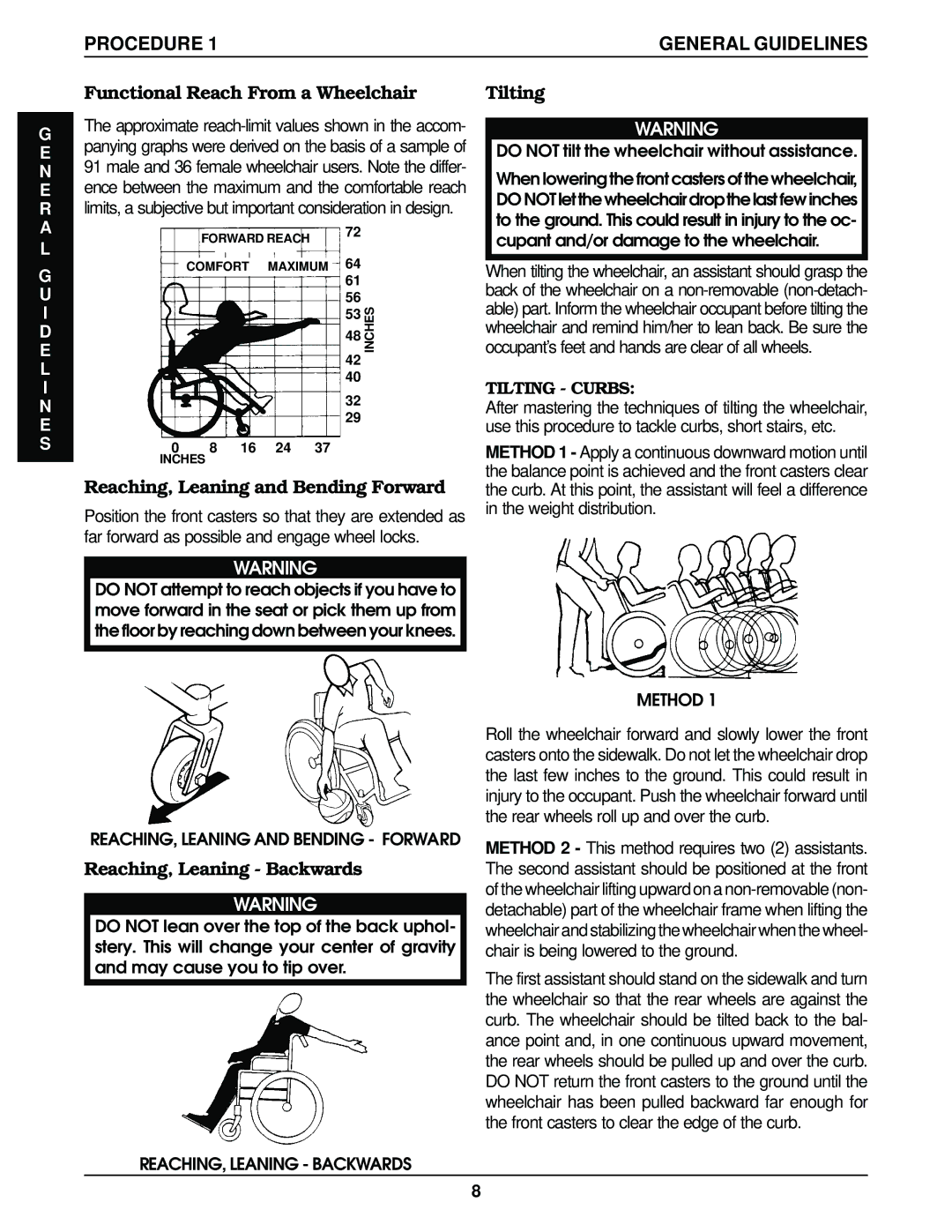 Invacare Top End Terminator Jr manual Functional Reach From a Wheelchair, Reaching, Leaning and Bending Forward, Tilting 