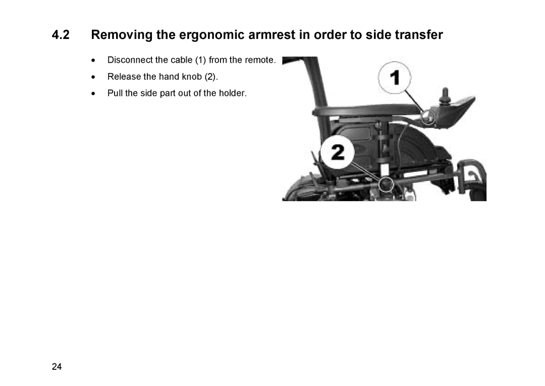 Invacare Topan user manual Removing the ergonomic armrest in order to side transfer 