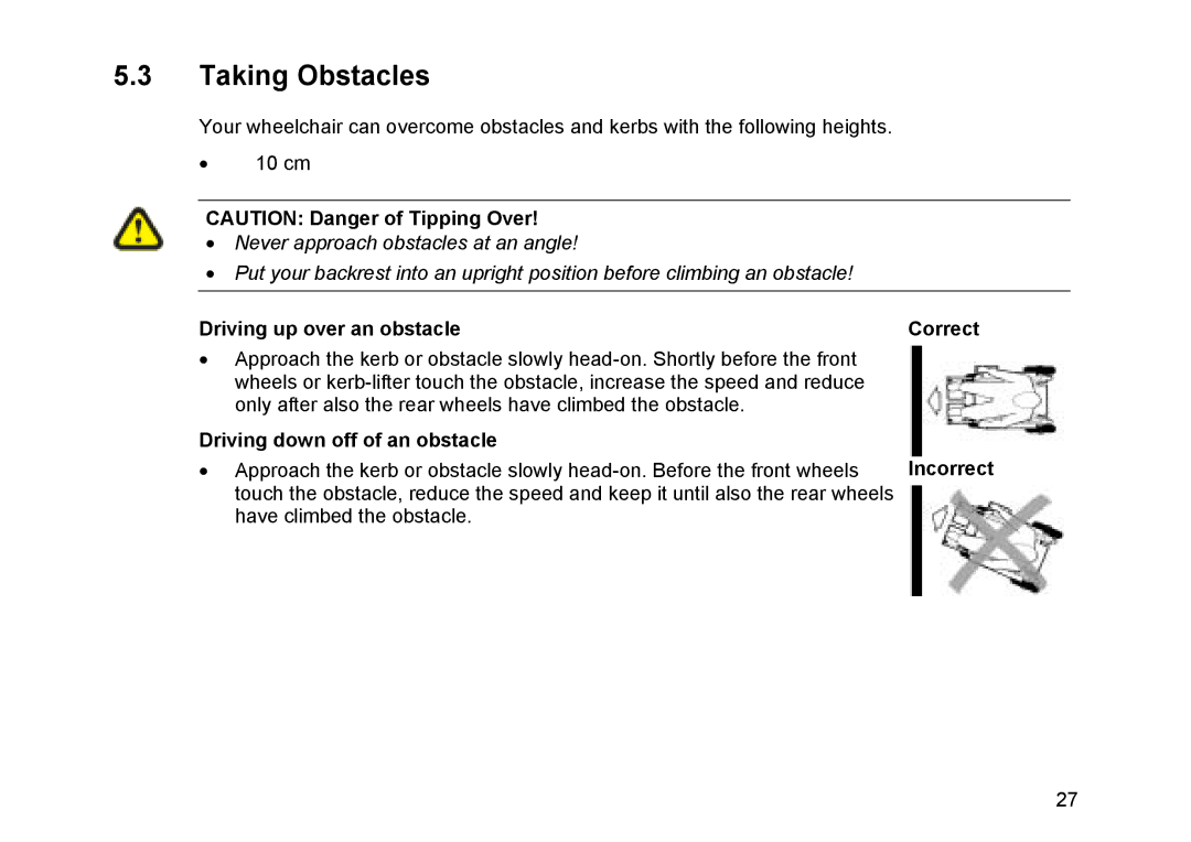 Invacare Topan Taking Obstacles, Driving up over an obstacle Correct, Driving down off of an obstacle, Incorrect 