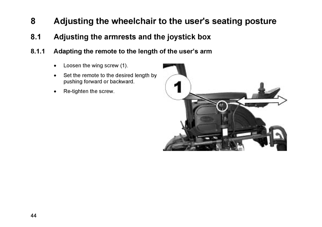 Invacare Topan Adjusting the wheelchair to the users seating posture, Adjusting the armrests and the joystick box 