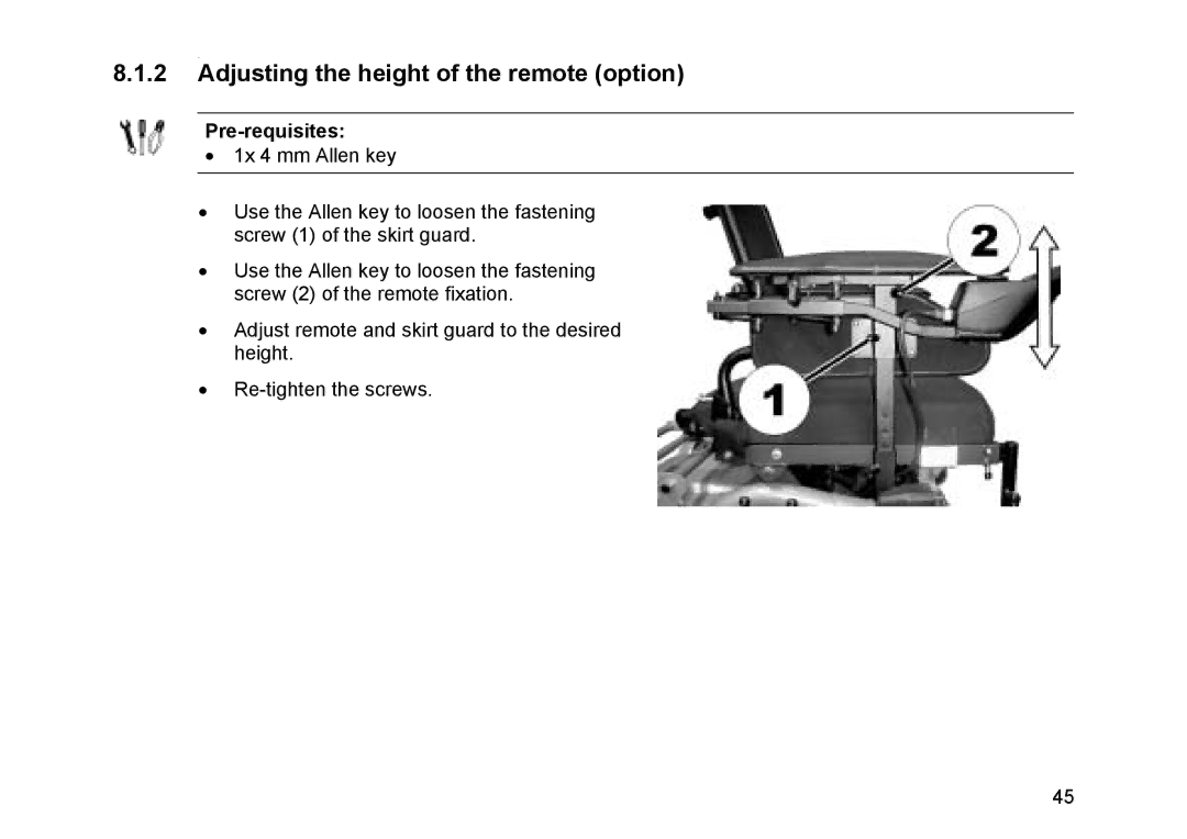 Invacare Topan user manual Adjusting the height of the remote option, Pre-requisites 