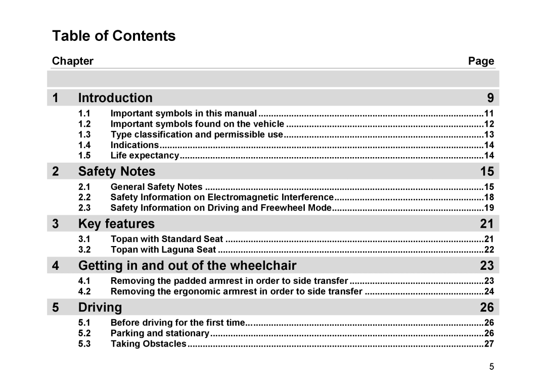 Invacare Topan user manual Table of Contents 