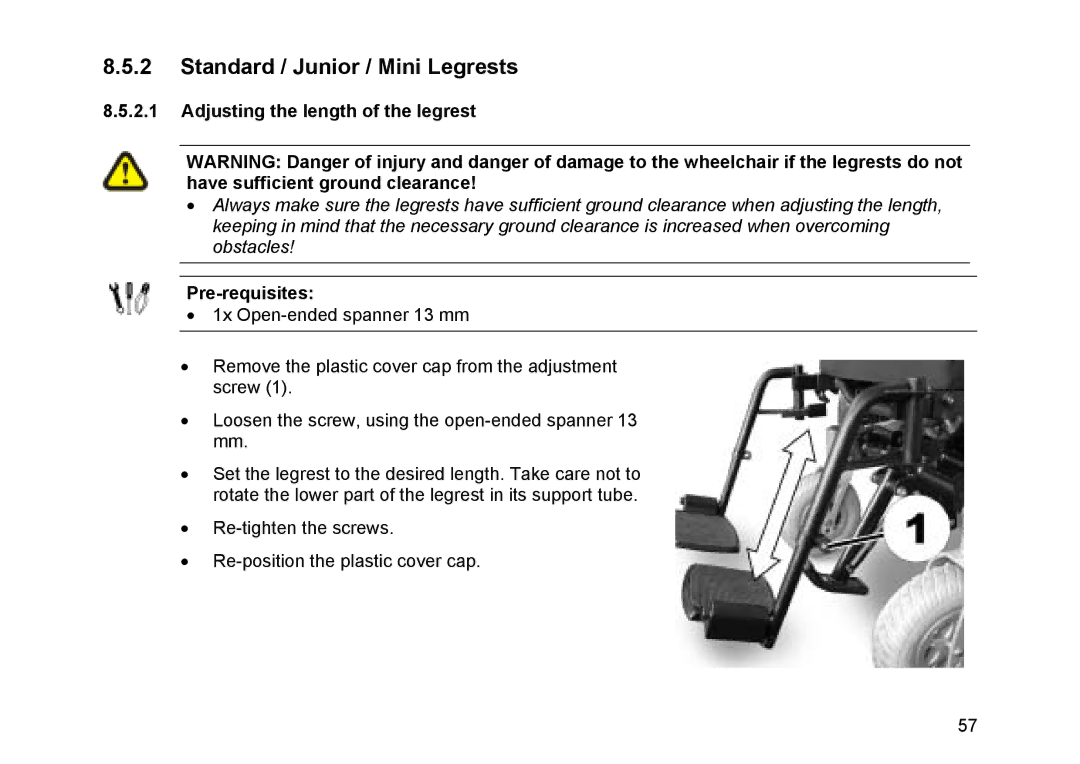 Invacare Topan user manual Standard / Junior / Mini Legrests, Adjusting the length of the legrest 