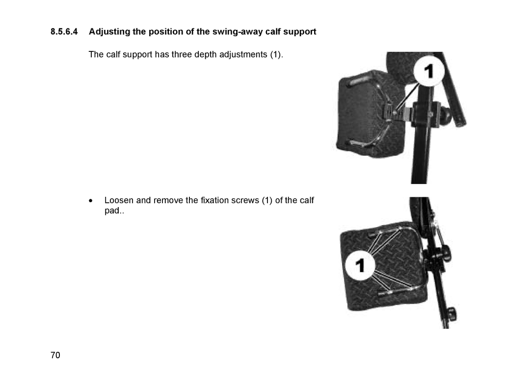 Invacare Topan user manual Loosen and remove the fixation screws 1 of the calf pad 