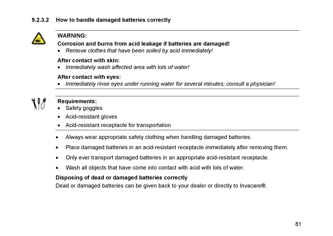 Invacare Topan user manual After contact with skin, Disposing of dead or damaged batteries correctly 