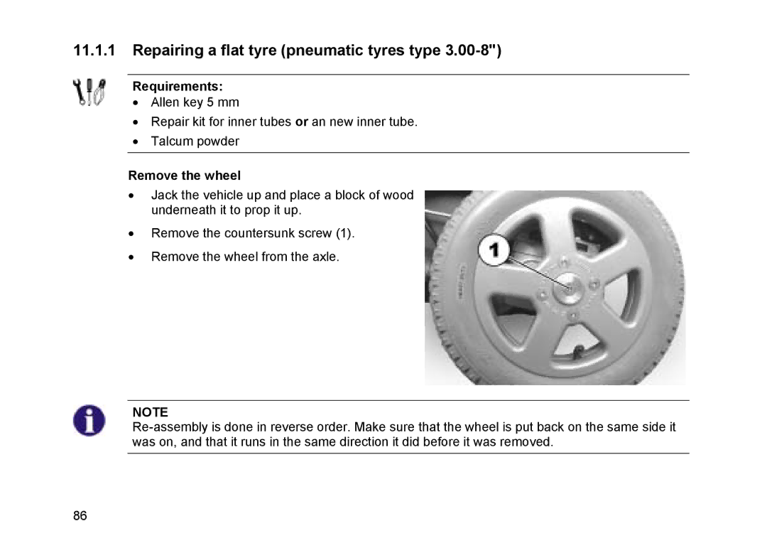 Invacare Topan user manual Repairing a flat tyre pneumatic tyres type, Remove the wheel 