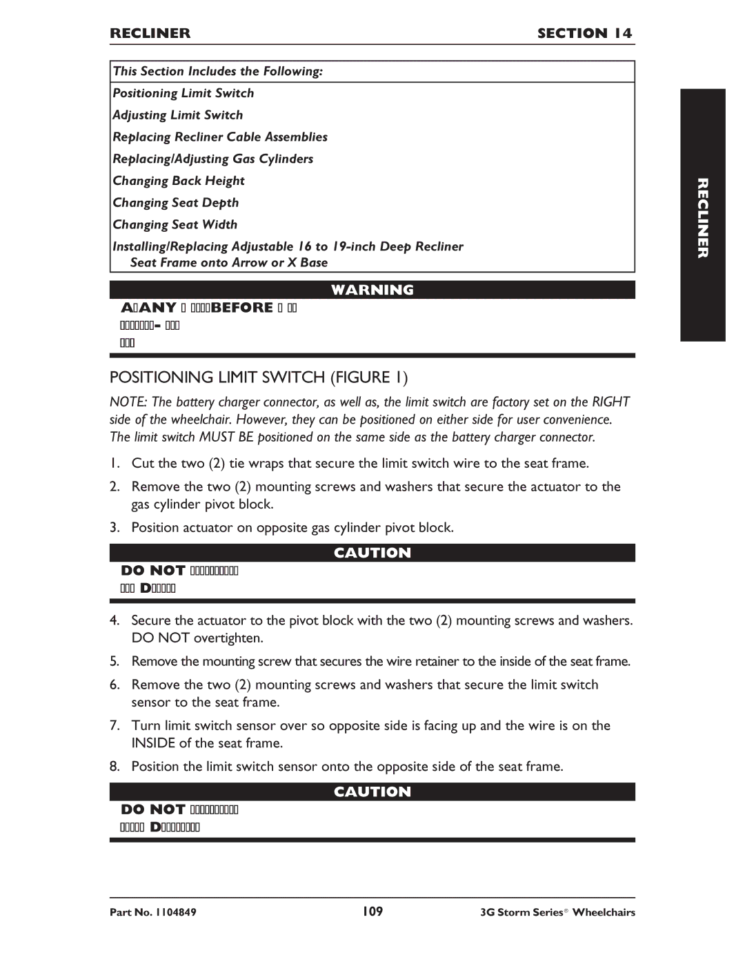 Invacare Ranger X RWD, Torque SP RWD, Arrow RWD service manual Positioning Limit Switch Figure, Recliner Section 