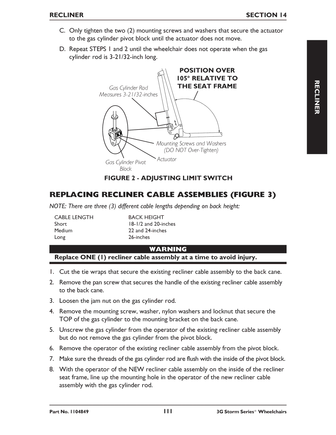 Invacare Torque SP RWD, Ranger X RWD, Arrow RWD Replacing Recliner Cable Assemblies Figure, Position Over 105 Relative to 