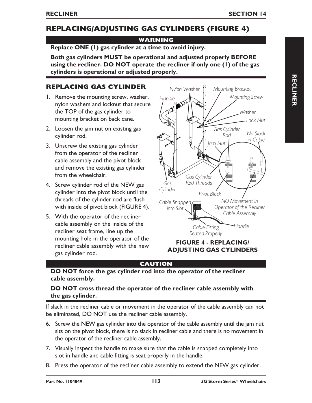 Invacare Arrow RWD, Torque SP RWD, Ranger X RWD REPLACING/ADJUSTING GAS Cylinders Figure, Replacing GAS Cylinder 