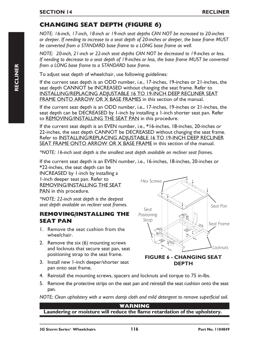 Invacare Arrow RWD, Torque SP RWD, Ranger X RWD service manual Changing Seat Depth Figure, REMOVING/INSTALLING the Seat PAN 