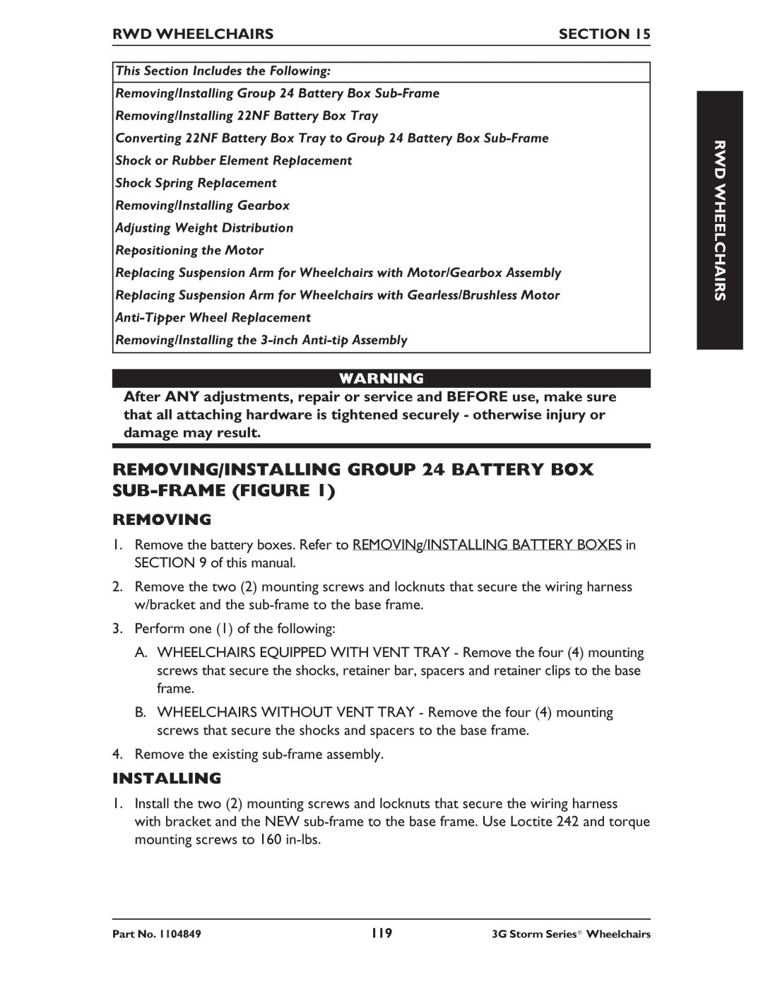 Invacare Arrow RWD, Torque SP RWD REMOVING/INSTALLING Group 24 Battery BOX SUB-FRAME Figure, RWD Wheelchairs Section 