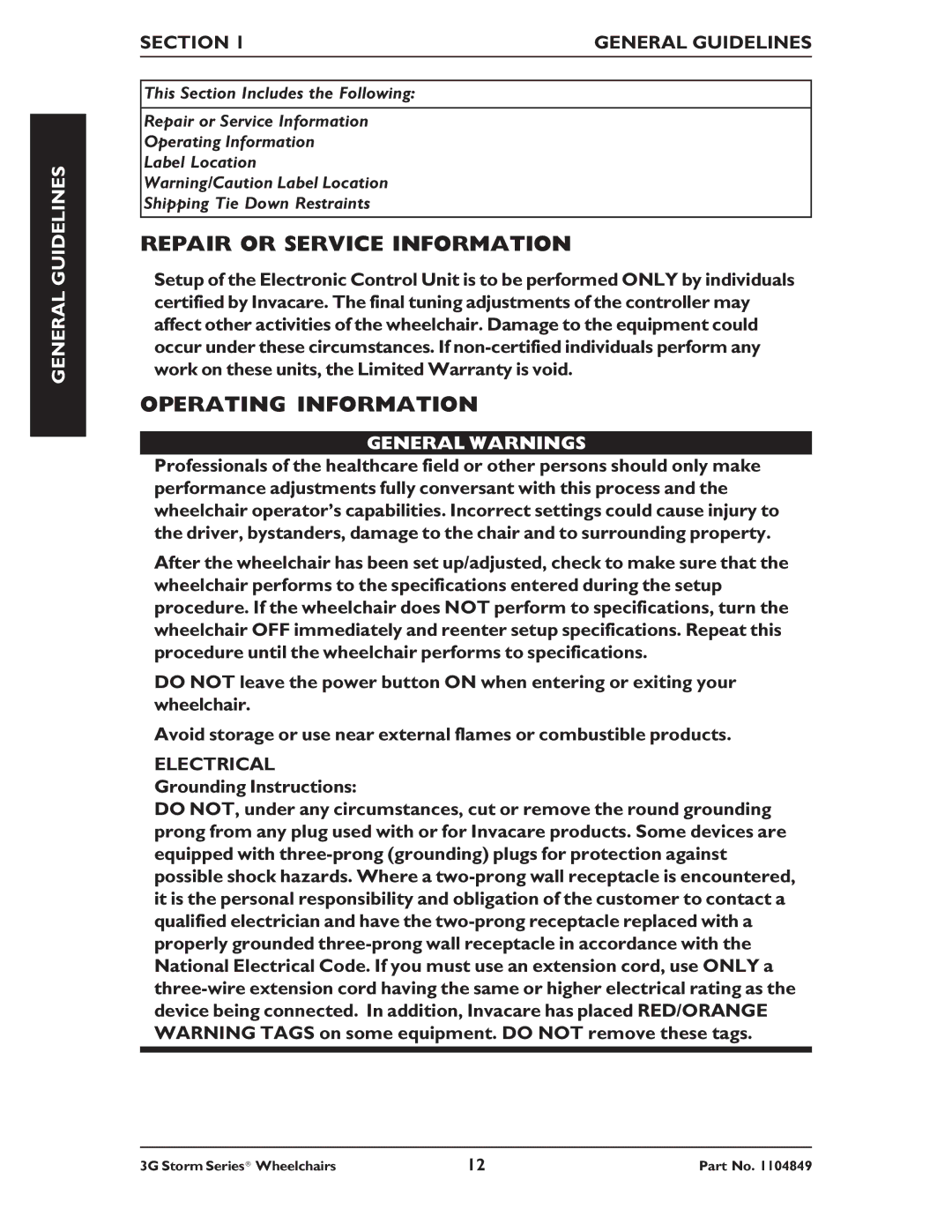 Invacare Torque SP RWD Repair or Service Information, Operating Information, General Guidelines, General Warnings 