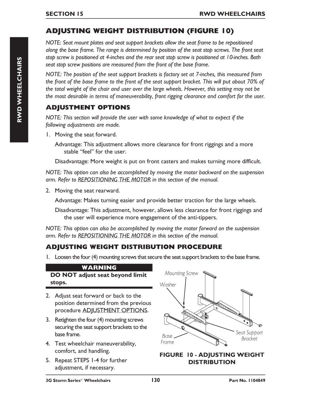 Invacare Ranger X RWD Adjusting Weight Distribution Figure, Adjustment Options, Adjusting Weight Distribution Procedure 