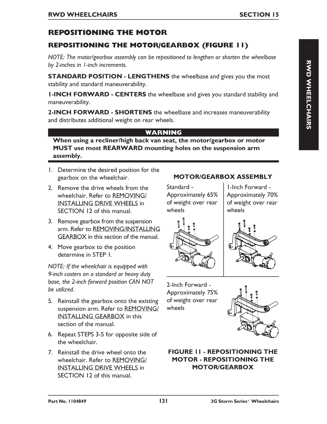 Invacare Arrow RWD, Torque SP RWD Repositioning the Motor, Repositioning the MOTOR/GEARBOX Figure, MOTOR/GEARBOX Assembly 