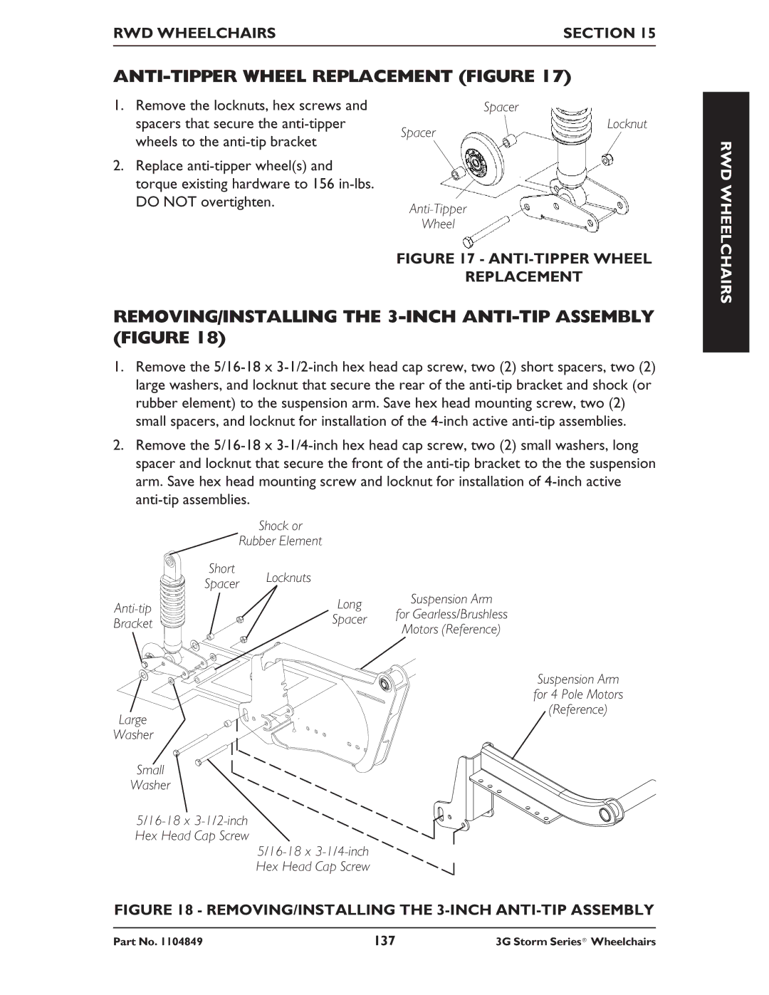 Invacare Arrow RWD ANTI-TIPPER Wheel Replacement Figure, REMOVING/INSTALLING the 3-INCH ANTI-TIP Assembly Figure, Rwd 