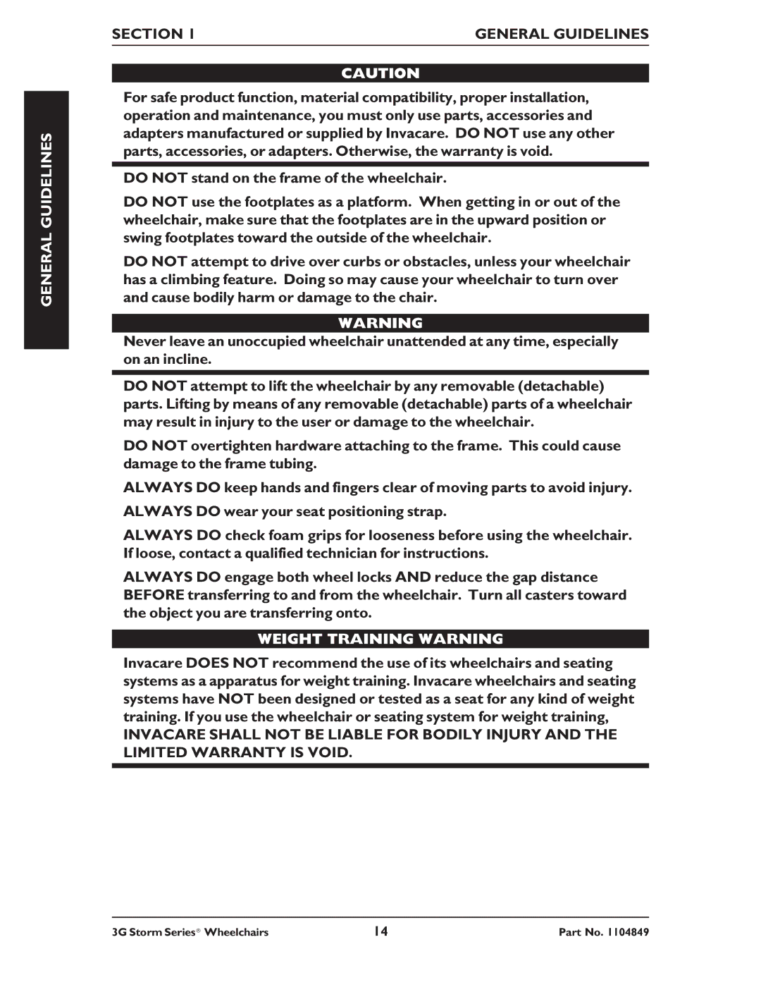 Invacare Arrow RWD, Torque SP RWD, Ranger X RWD service manual Weight Training Warning 