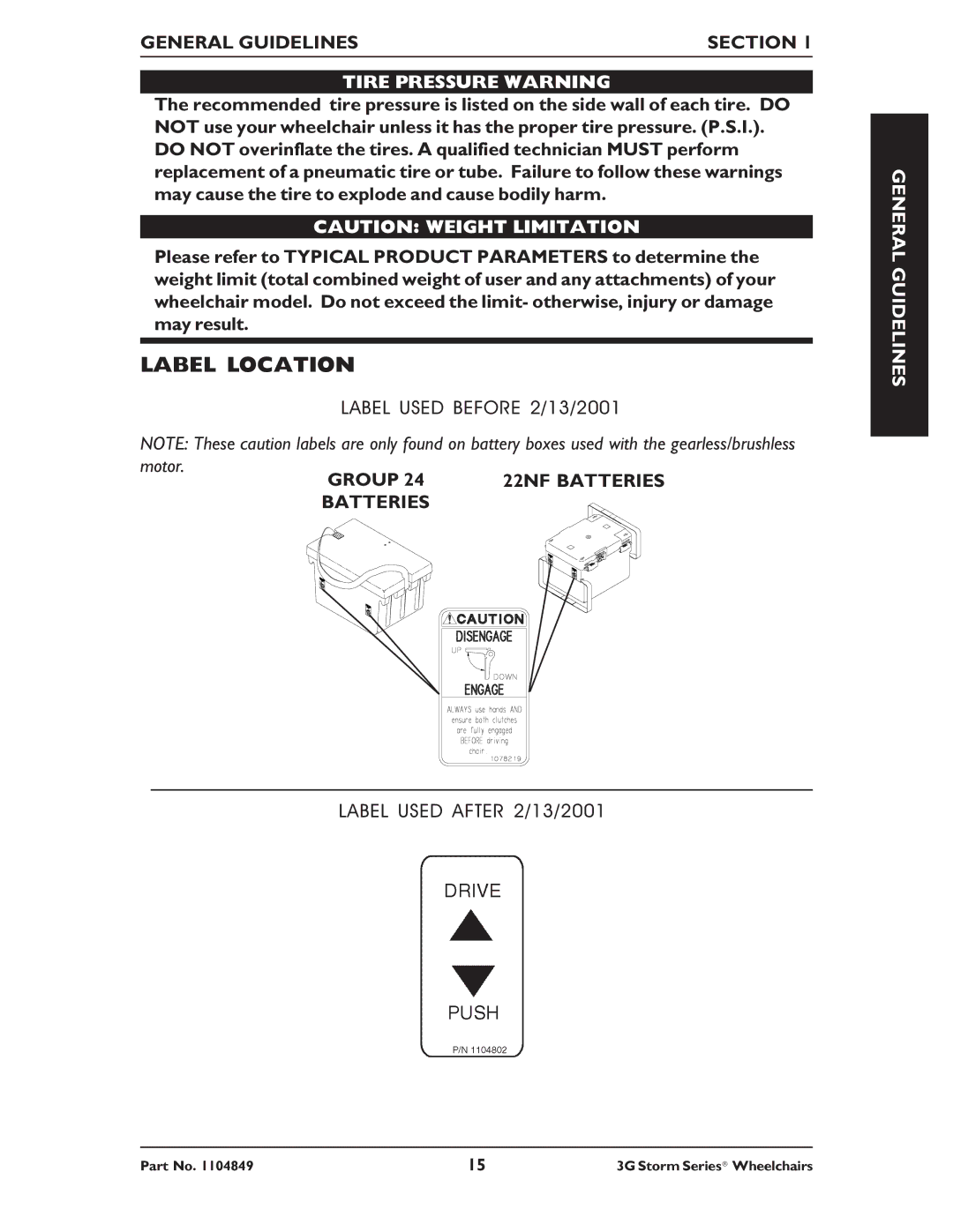 Invacare Torque SP RWD, Ranger X RWD, Arrow RWD Label Location, General Guidelines Section, Tire Pressure Warning 