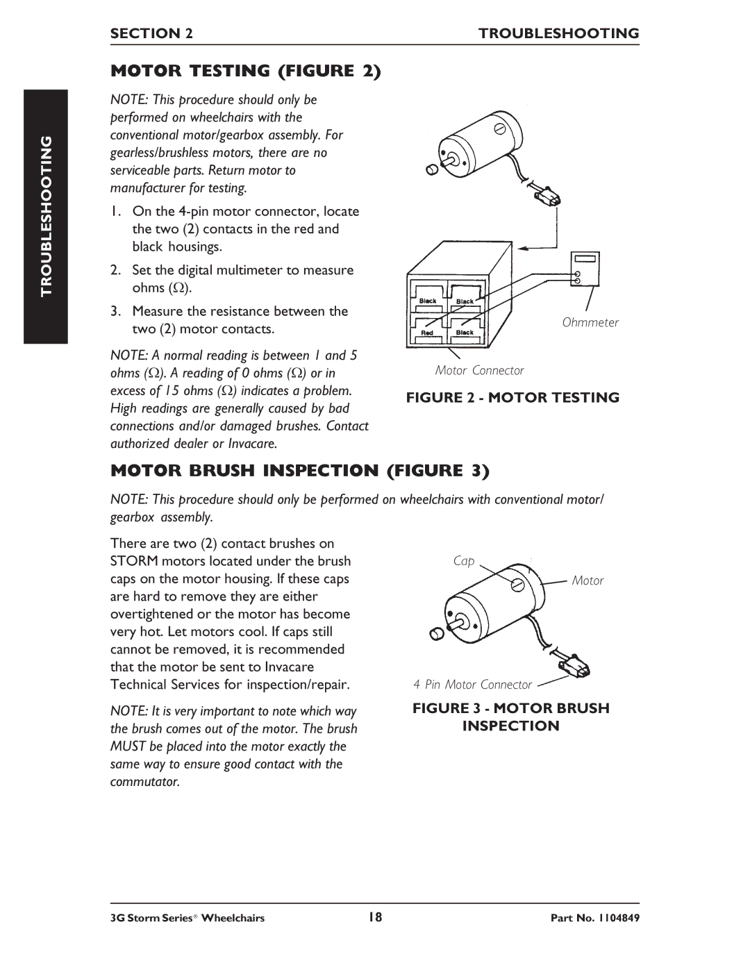 Invacare Torque SP RWD, Ranger X RWD Motor Testing Figure, Motor Brush Inspection Figure, Section Troubleshooting 