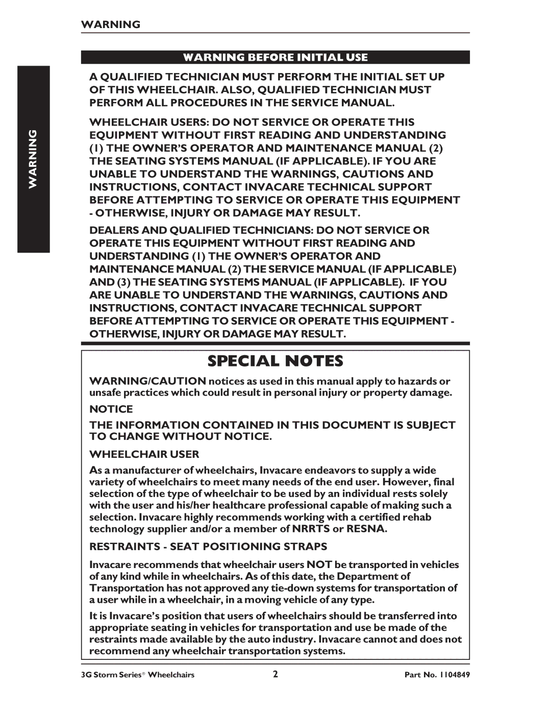 Invacare Arrow RWD, Torque SP RWD, Ranger X RWD service manual Special Notes, Restraints Seat Positioning Straps 