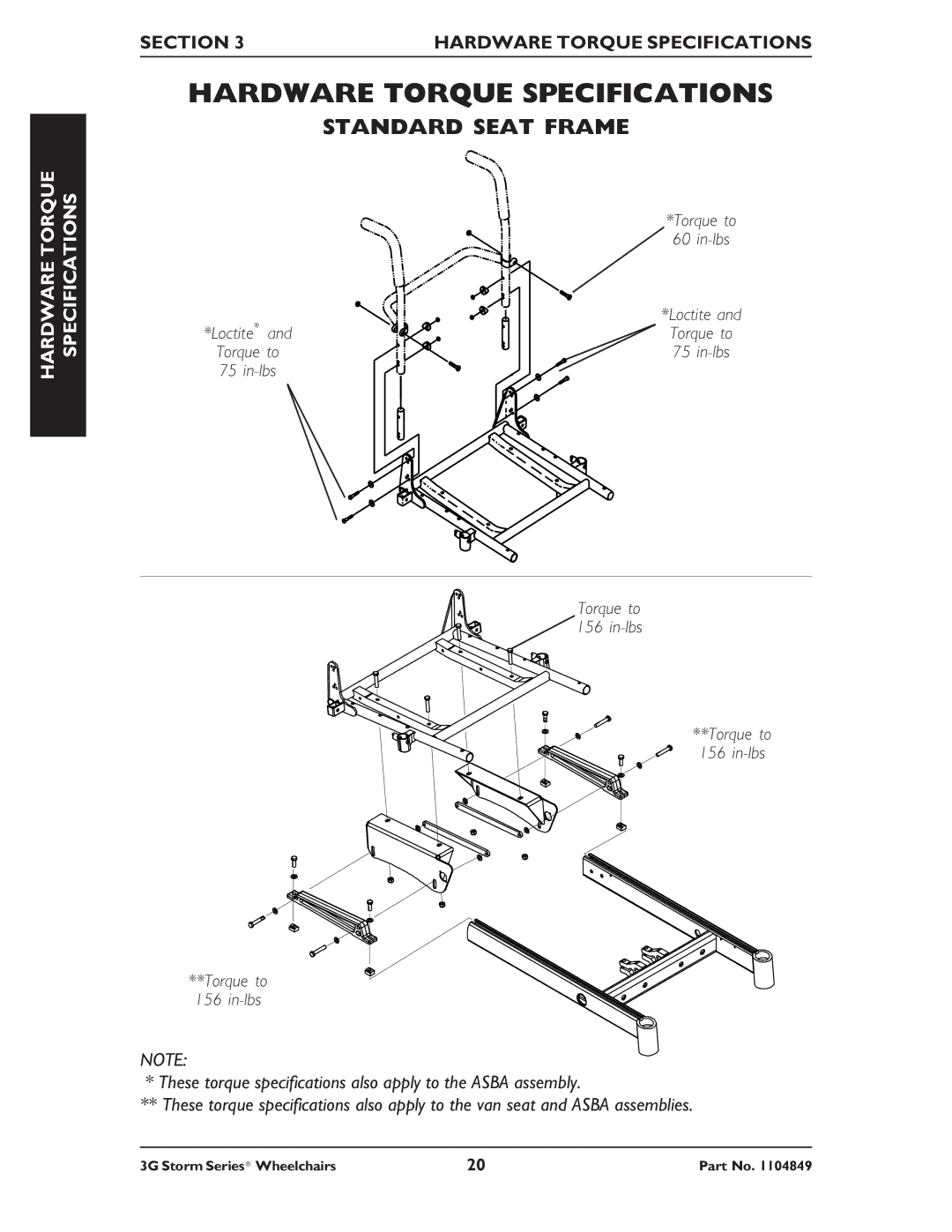 Invacare Arrow RWD, Torque SP RWD, Ranger X RWD Standard Seat Frame, Section Hardware Torque Specifications 