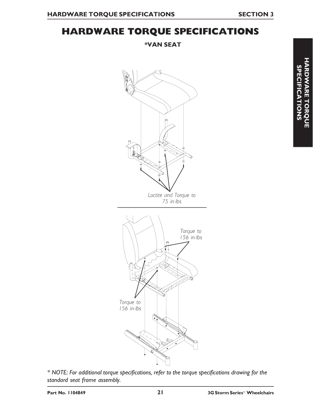 Invacare Torque SP RWD, Ranger X RWD Hardware Torque Specifications Section, VAN Seat, Specifications Hardware Torque 