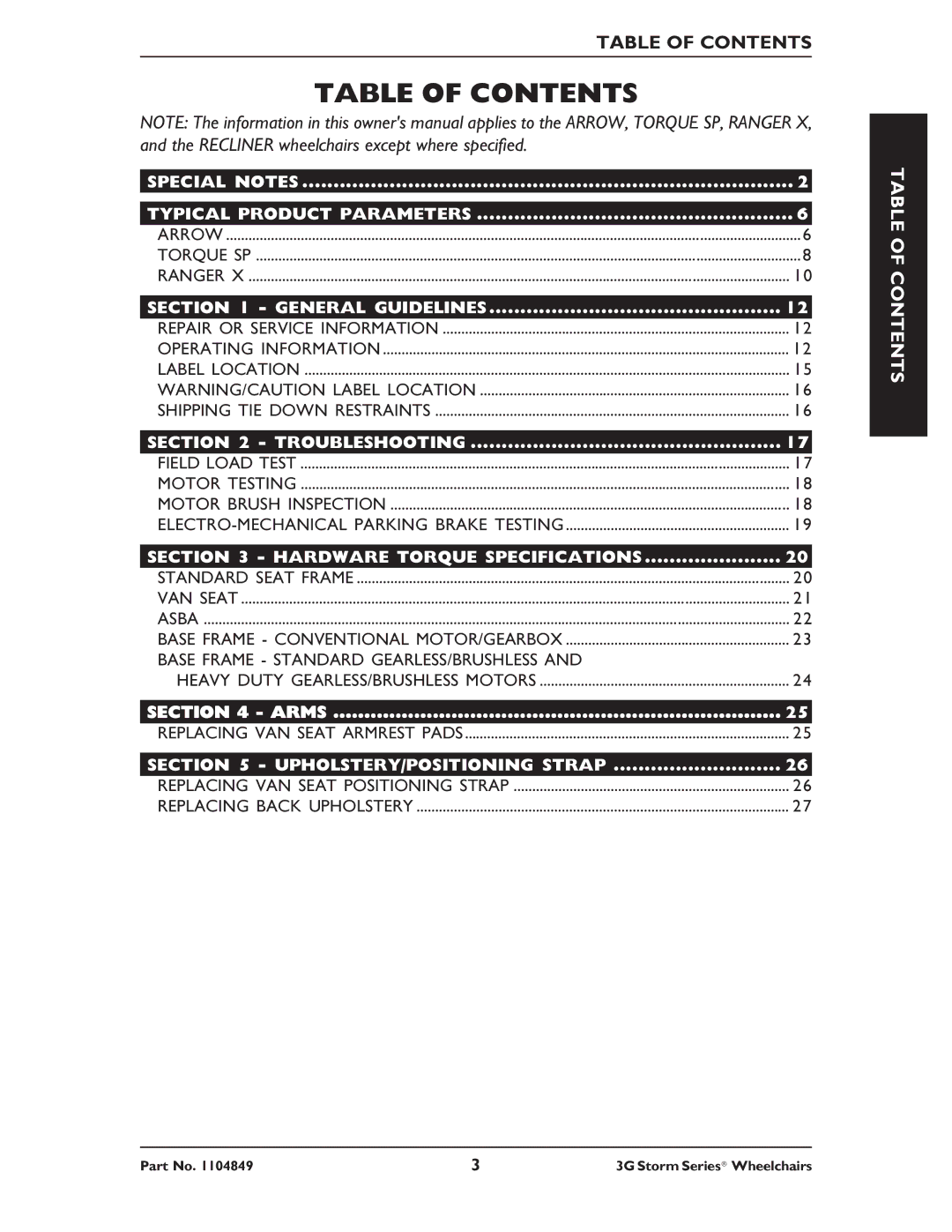 Invacare Torque SP RWD, Ranger X RWD, Arrow RWD service manual Table of Contents 