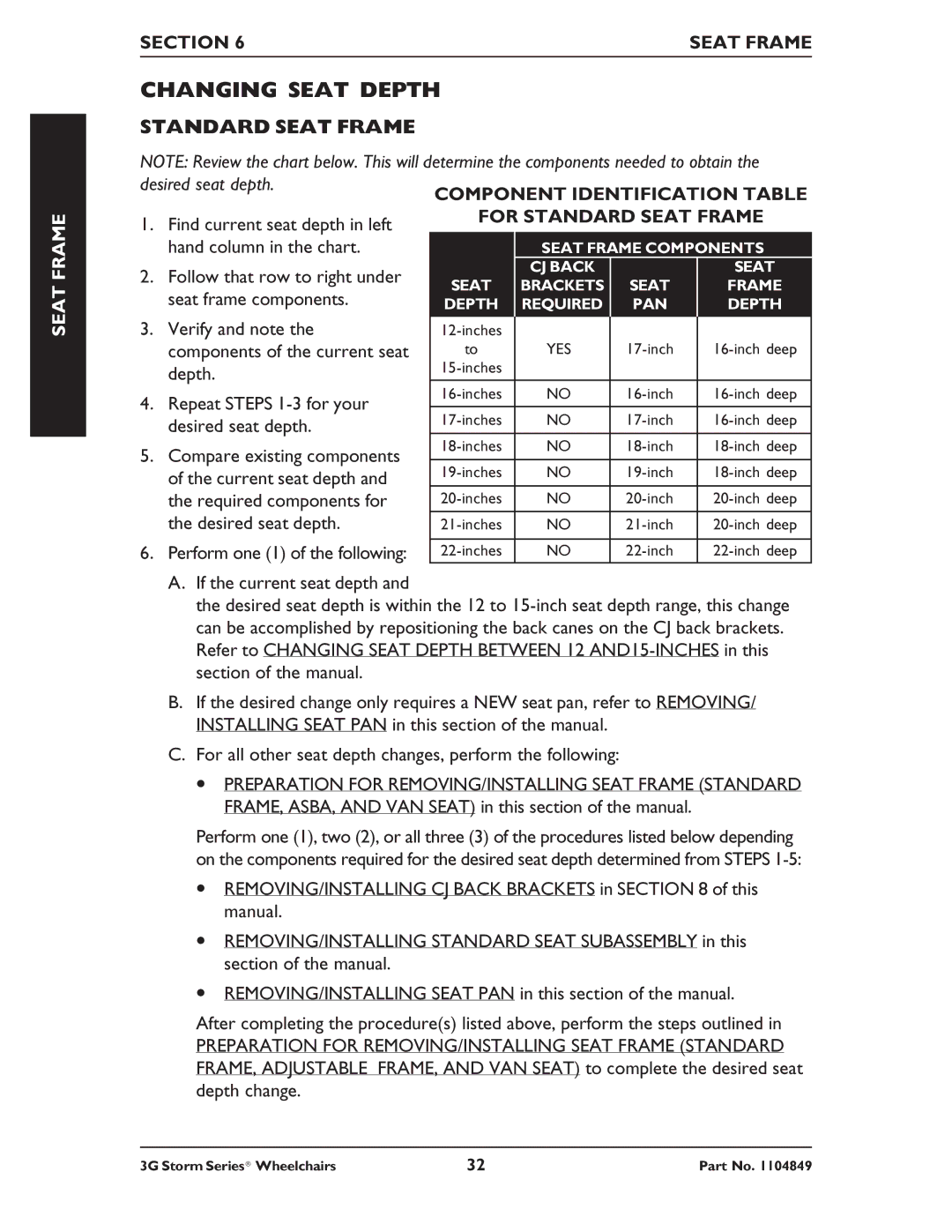 Invacare Arrow RWD, Torque SP RWD, Ranger X RWD service manual Changing Seat Depth, Standard Seat Frame 