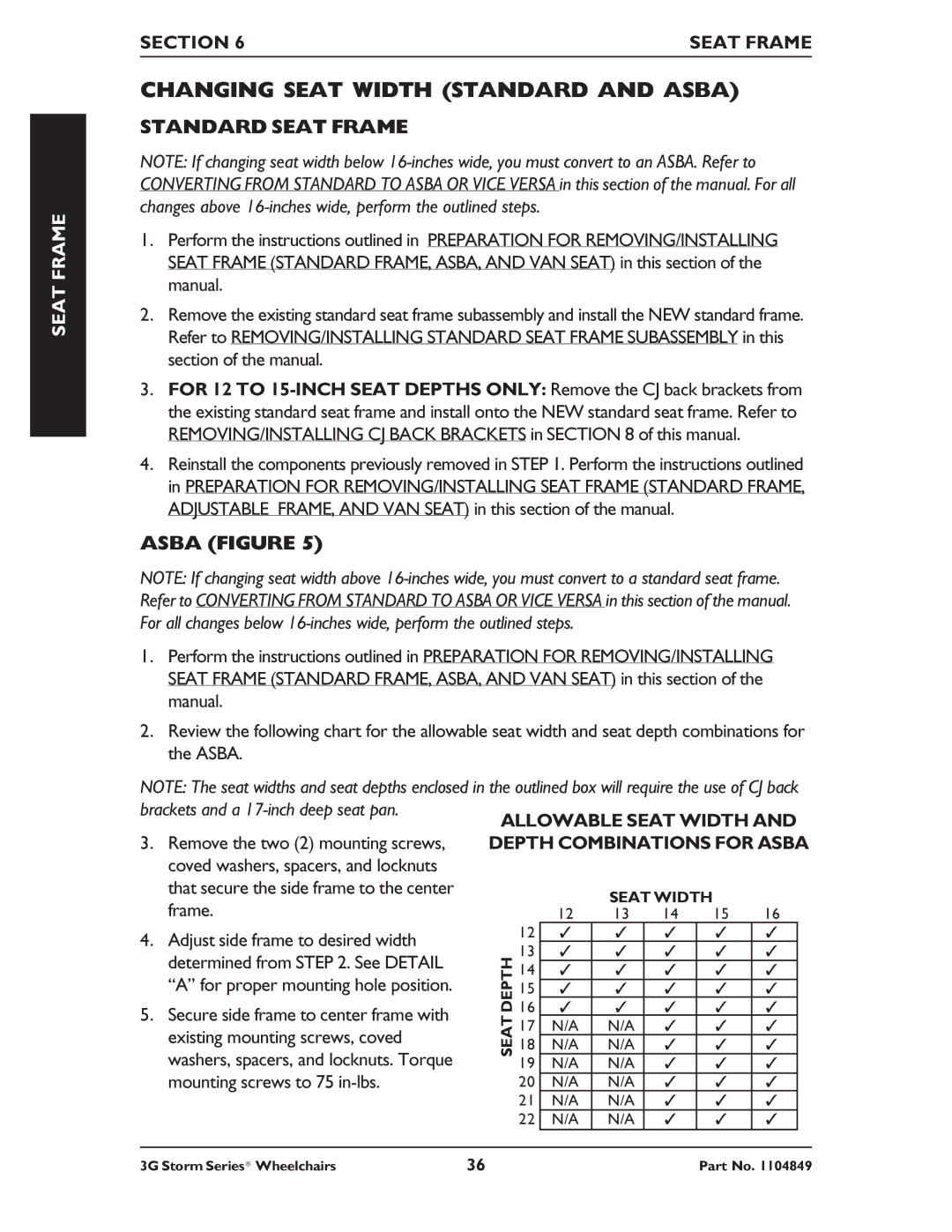 Invacare Torque SP RWD, Ranger X RWD, Arrow RWD service manual Changing Seat Width Standard and Asba, Standard Seat Frame 