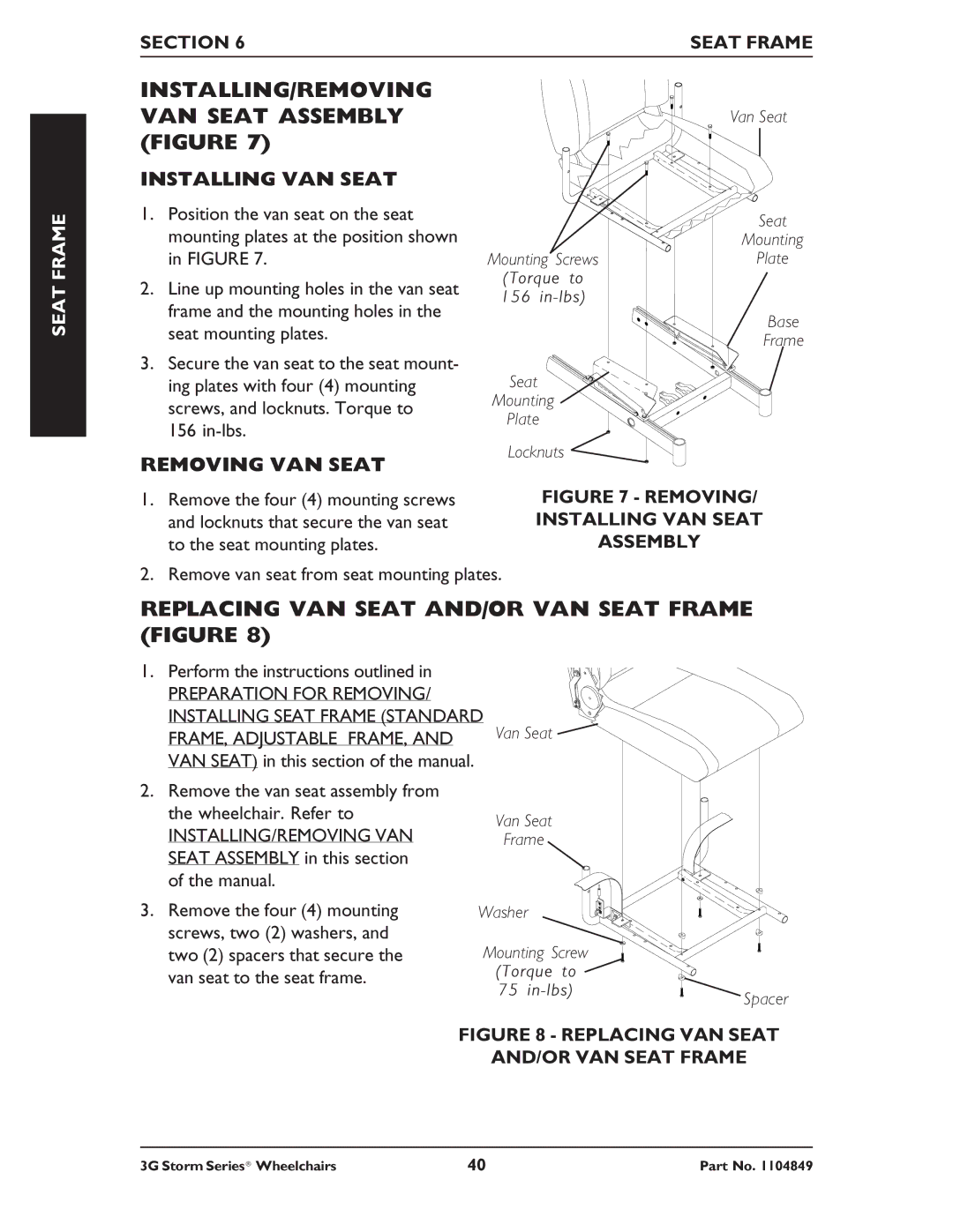 Invacare Ranger X RWD, Arrow RWD INSTALLING/REMOVING VAN Seat Assembly, Replacing VAN Seat AND/OR VAN Seat Frame Figure 