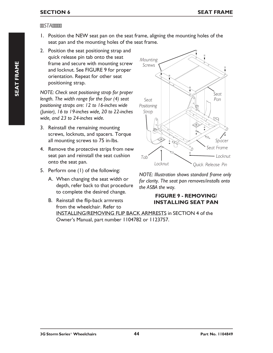 Invacare Arrow RWD, Torque SP RWD, Ranger X RWD service manual Mounting Screws Seat SeatPan Positioning Strap 