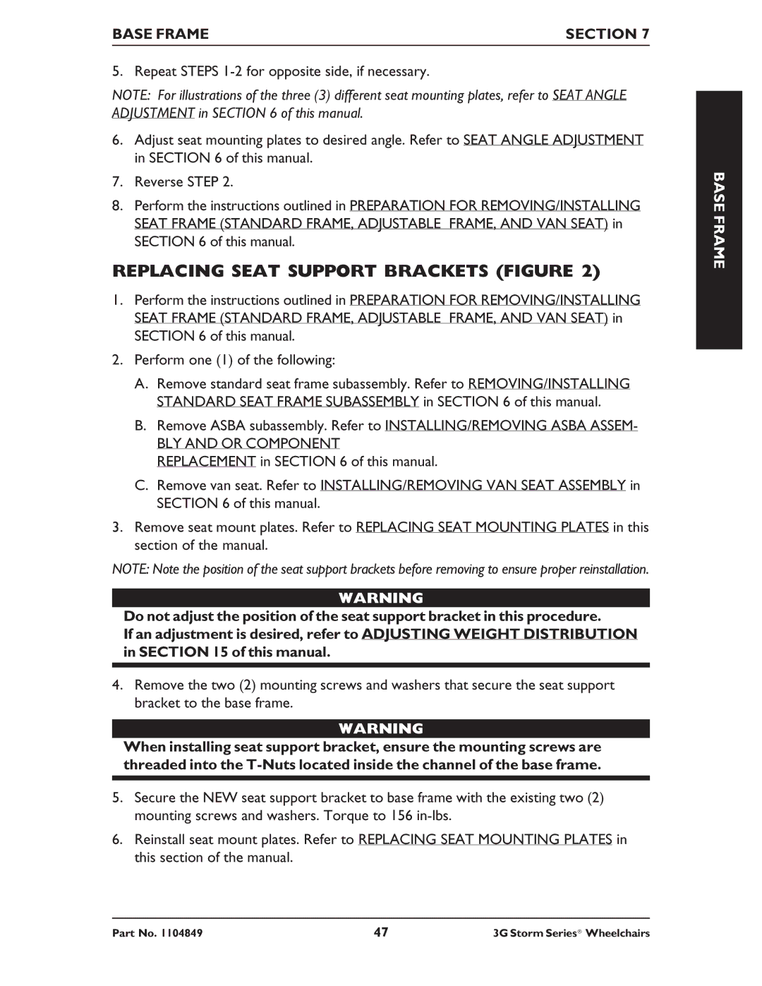 Invacare Arrow RWD, Torque SP RWD, Ranger X RWD service manual Replacing Seat Support Brackets Figure, Base Frame Section 