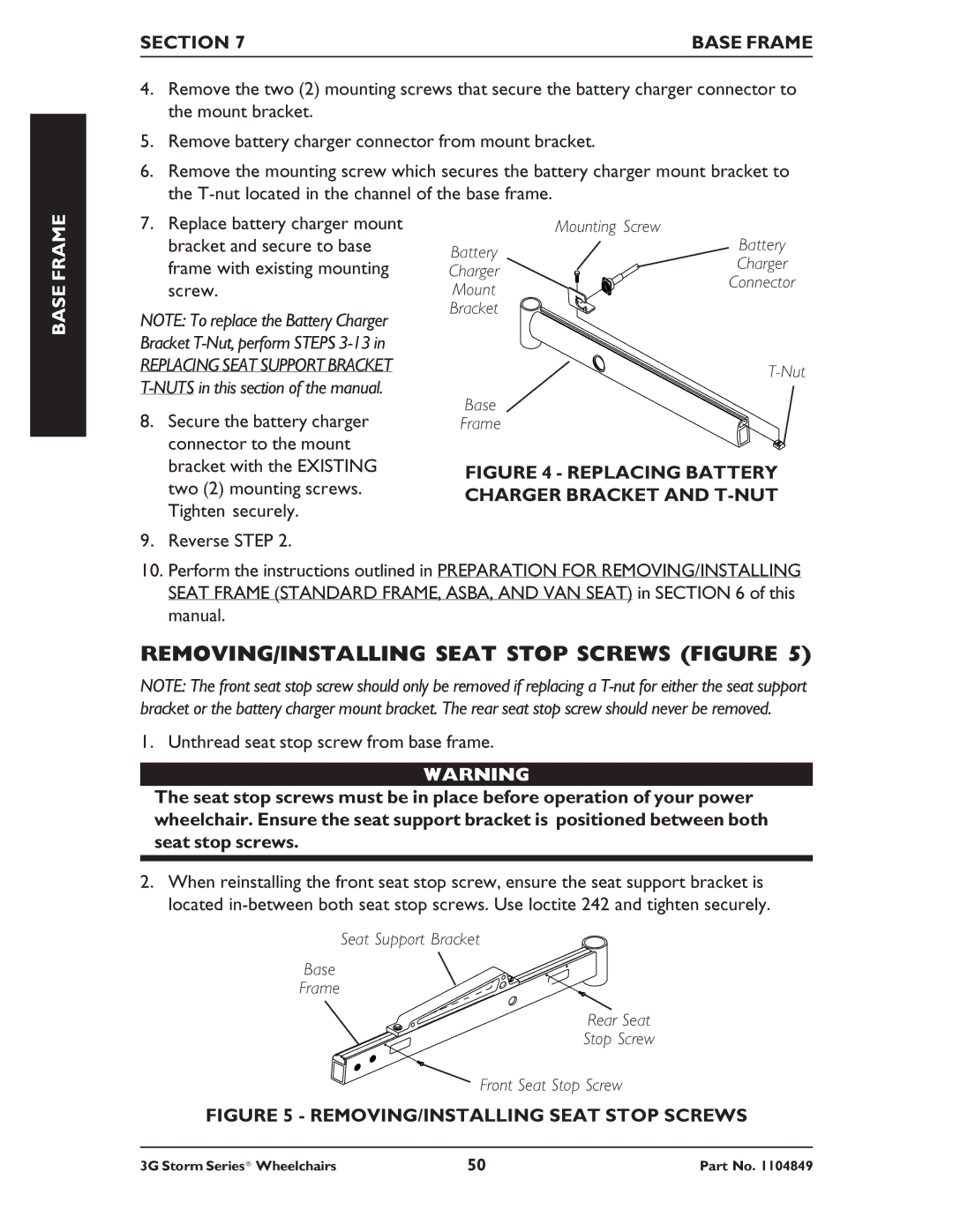 Invacare Arrow RWD, Torque SP RWD REMOVING/INSTALLING Seat Stop Screws Figure, Replacing Battery Charger Bracket and T-NUT 