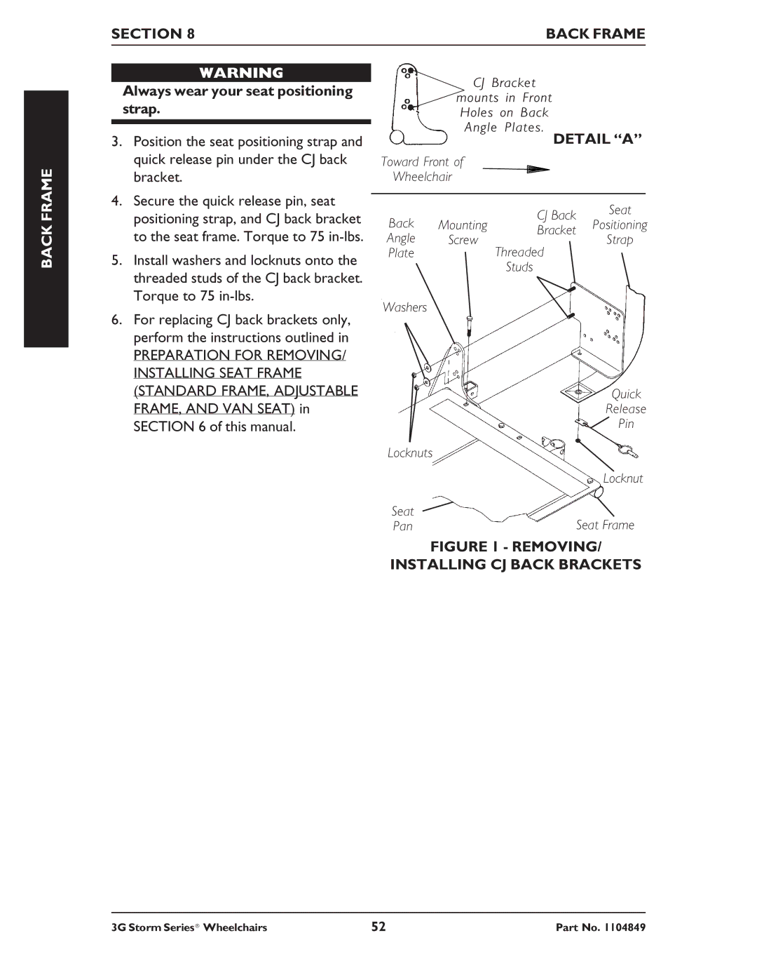 Invacare Ranger X RWD, Torque SP RWD, Arrow RWD service manual Section Back Frame, Removing Installing CJ Back Brackets 