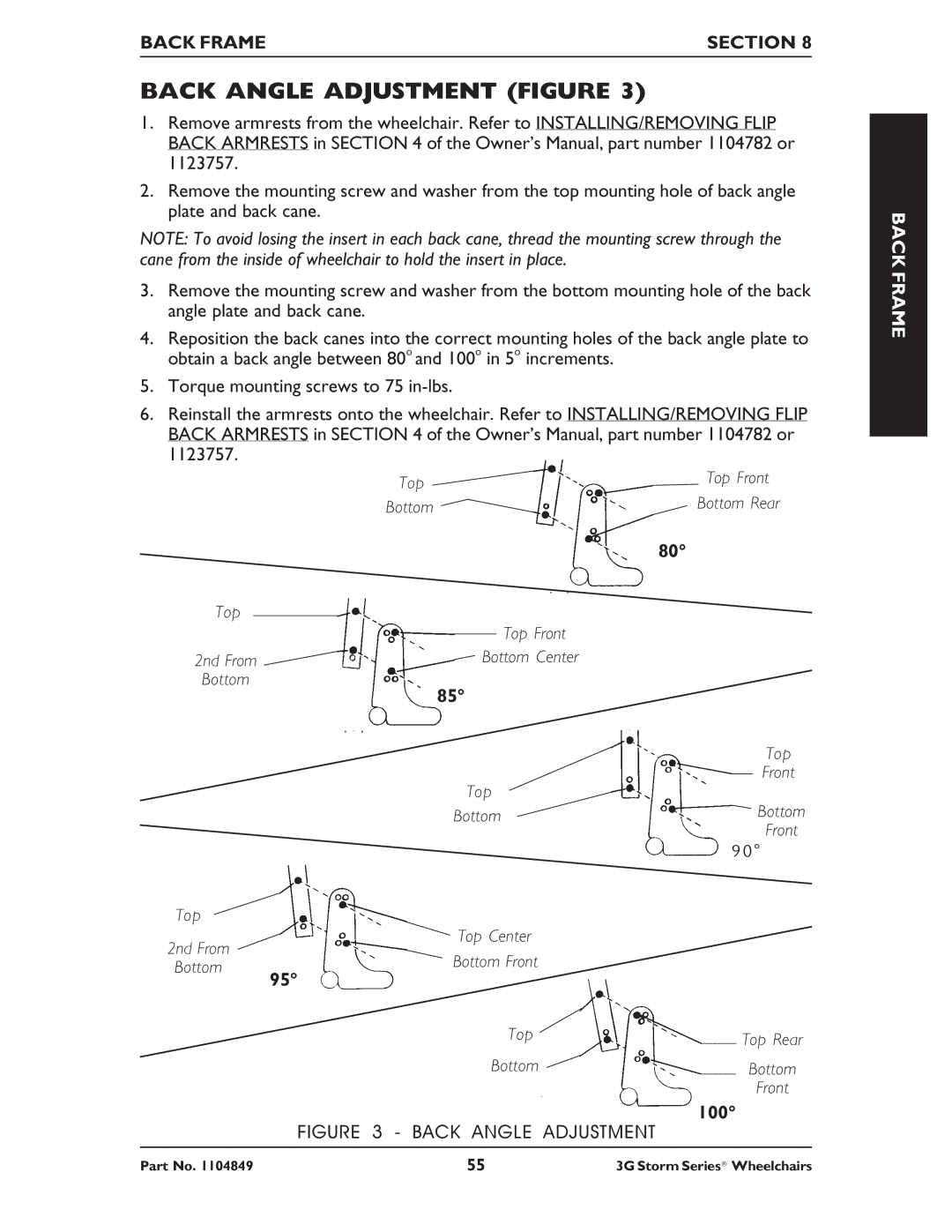 Invacare Ranger X RWD, Torque SP RWD, Arrow RWD service manual 100, Back Angle Adjustment 