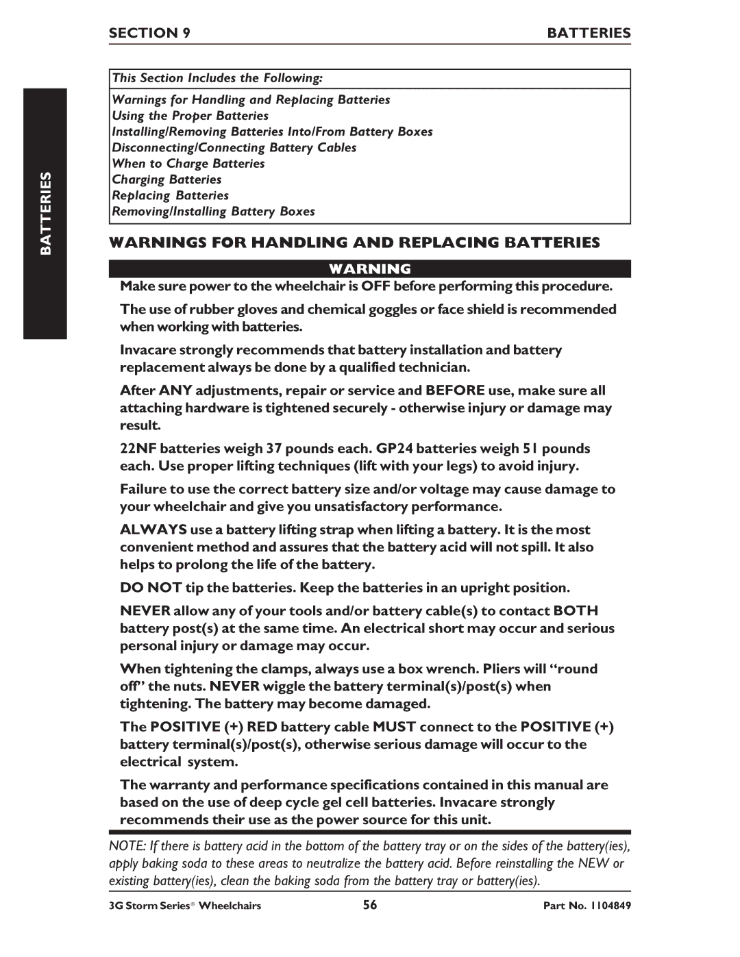 Invacare Arrow RWD, Torque SP RWD, Ranger X RWD service manual Section Batteries 