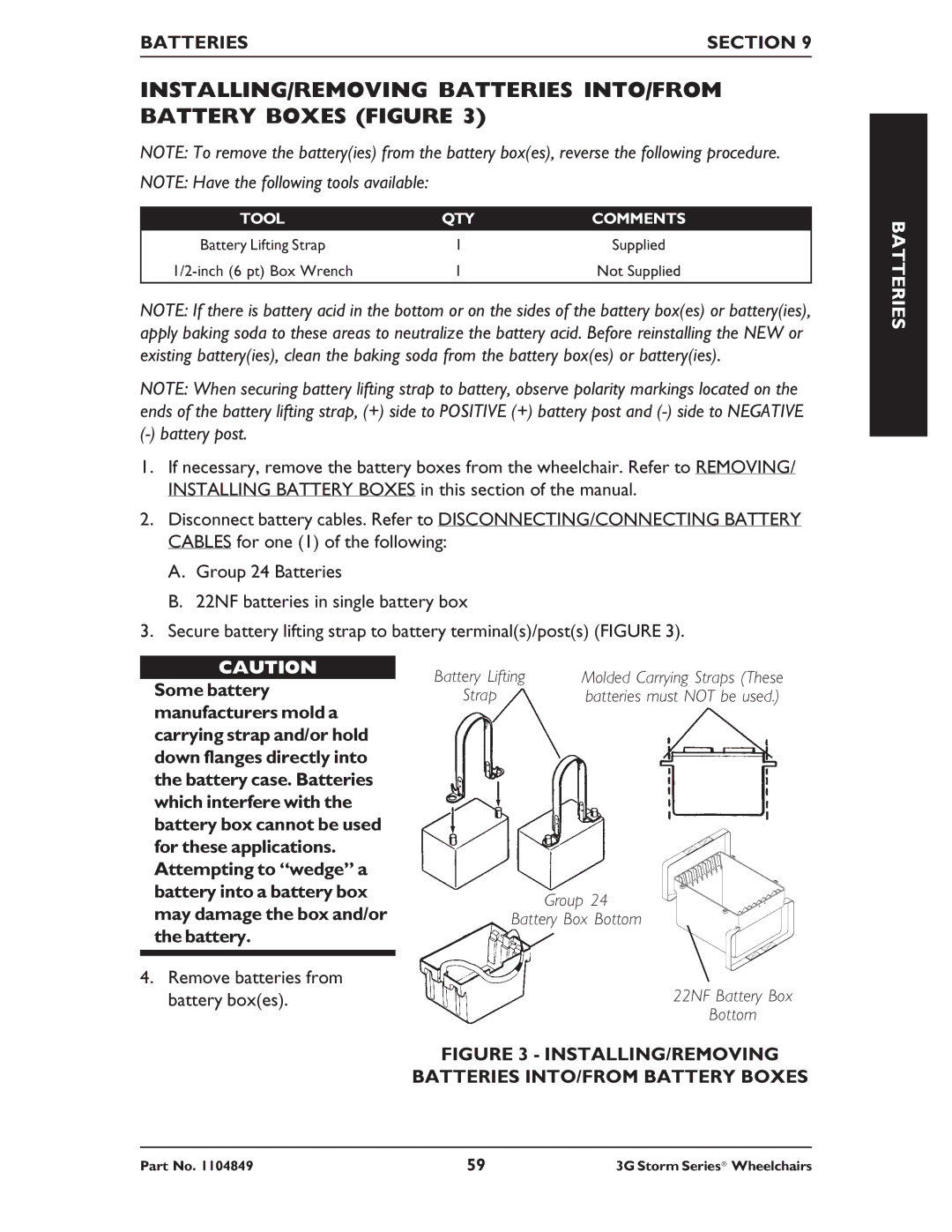 Invacare Arrow RWD, Torque SP RWD, Ranger X RWD service manual INSTALLING/REMOVING Batteries INTO/FROM Battery Boxes Figure 