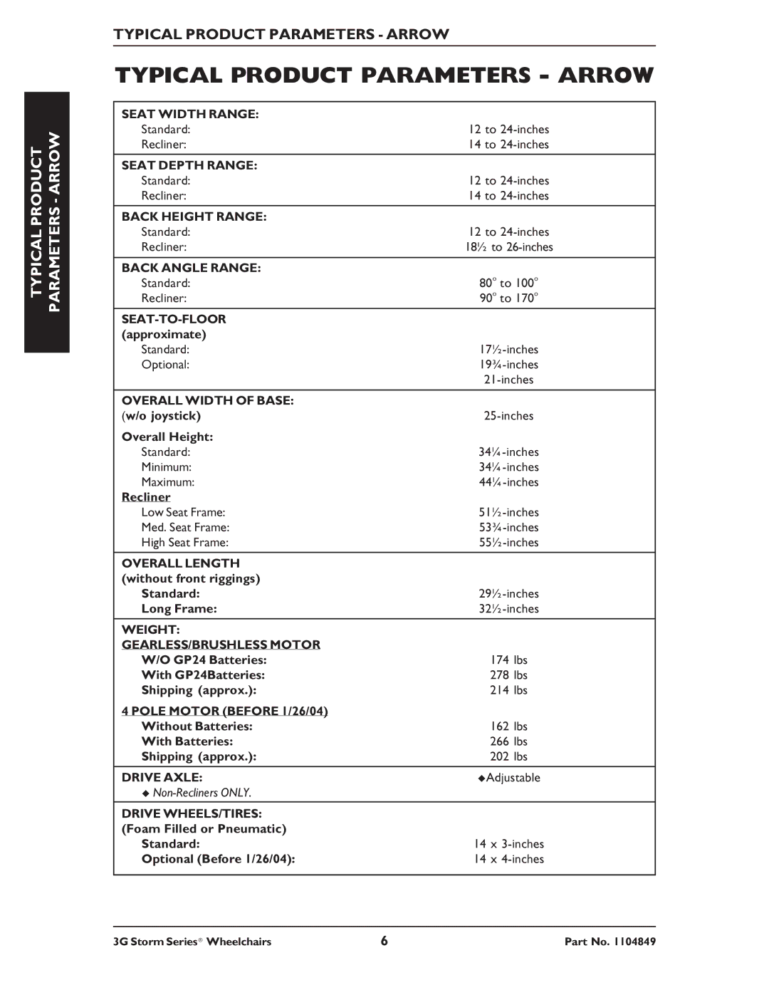 Invacare Torque SP RWD, Ranger X RWD, Arrow RWD service manual Typical Product Parameters Arrow 